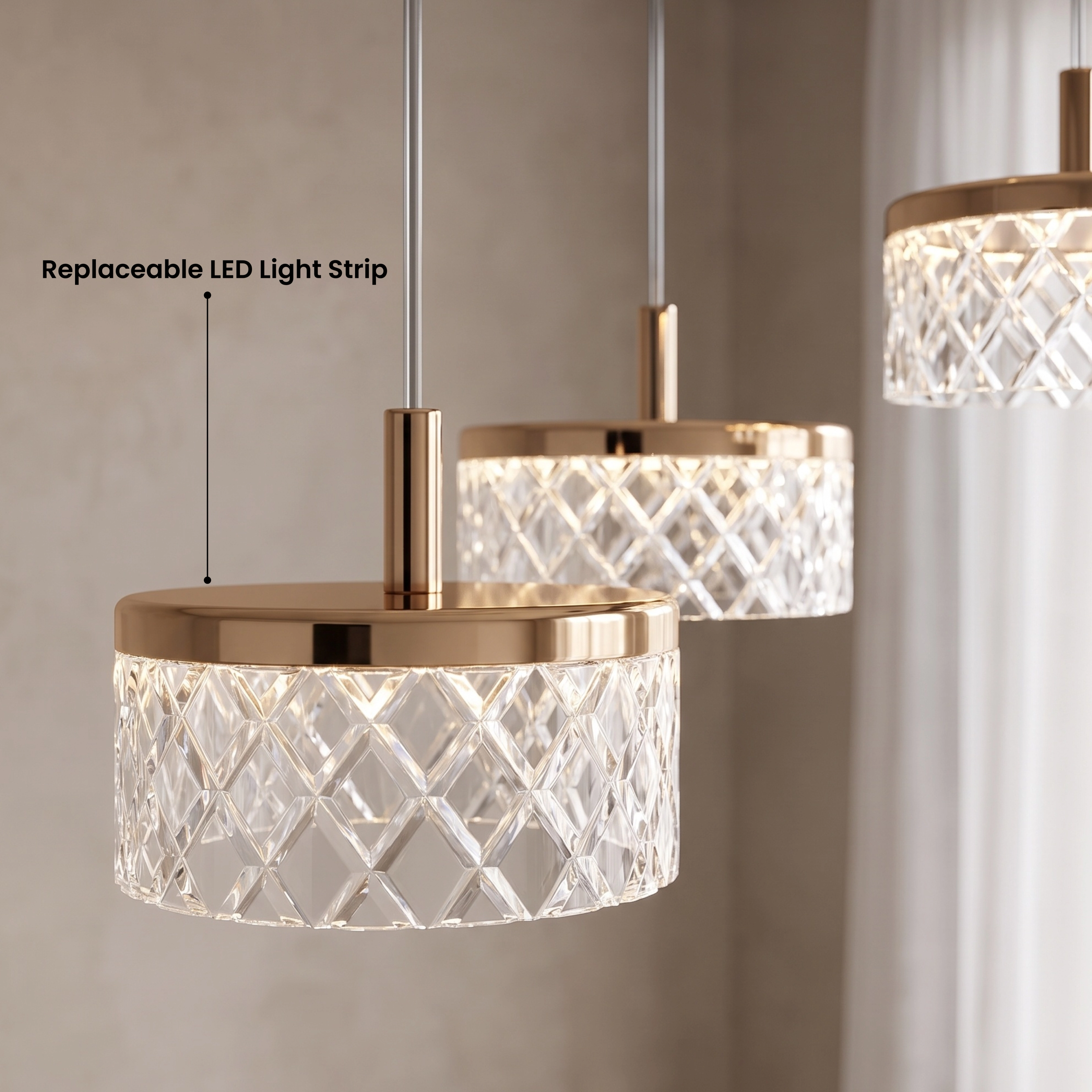Emma staircase chandelier spiraling down a two-story stairwell in warm white 3000K, available in two sizes