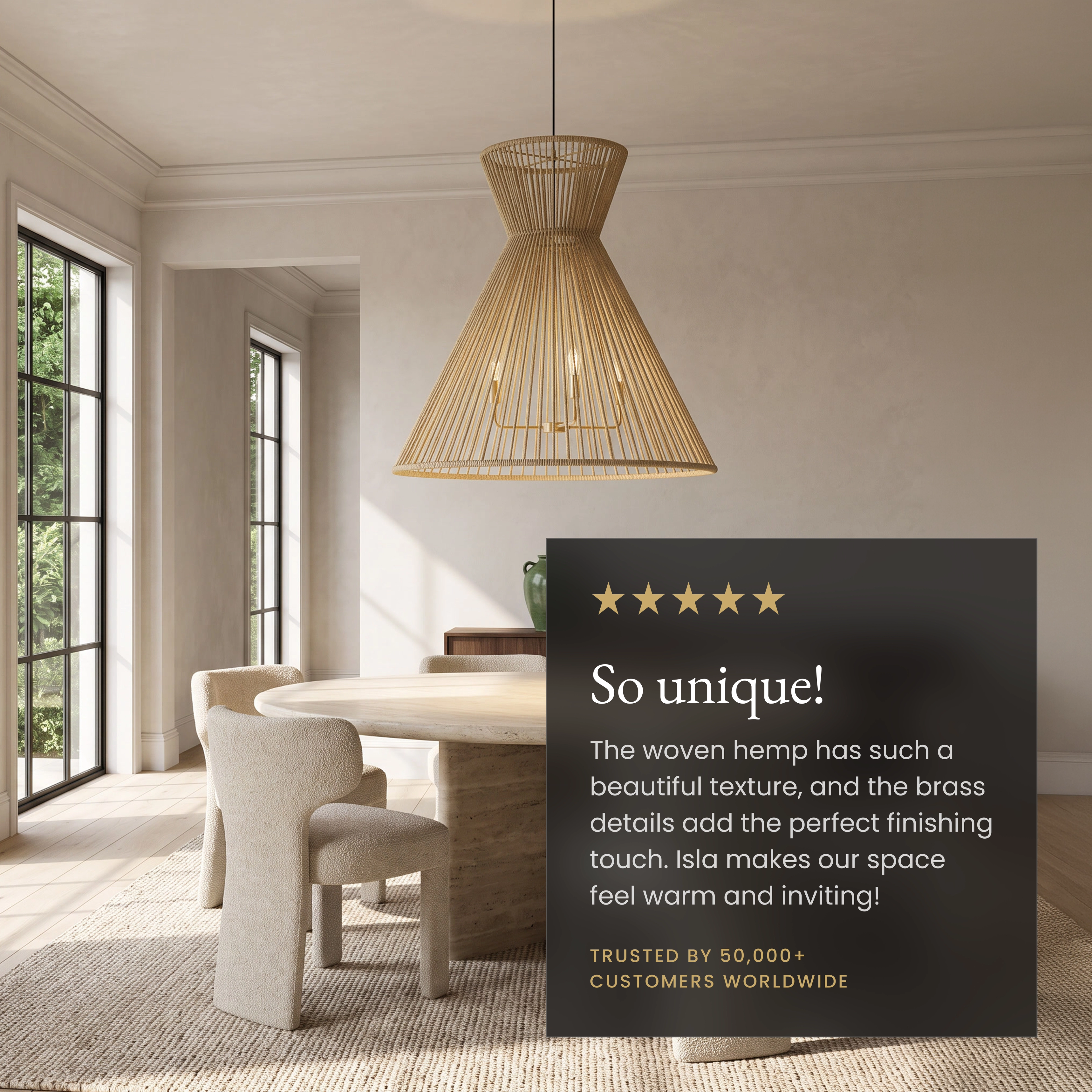 Isla natural hemp rope pendant, flared hourglass cone form, over a sofa in a bright living room