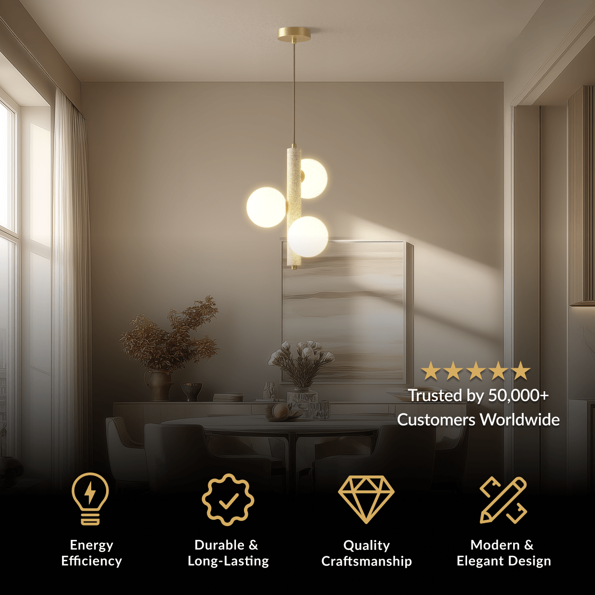 Arabella Pendant, cluster of three warm globe bulbs on brass stems in a dining room