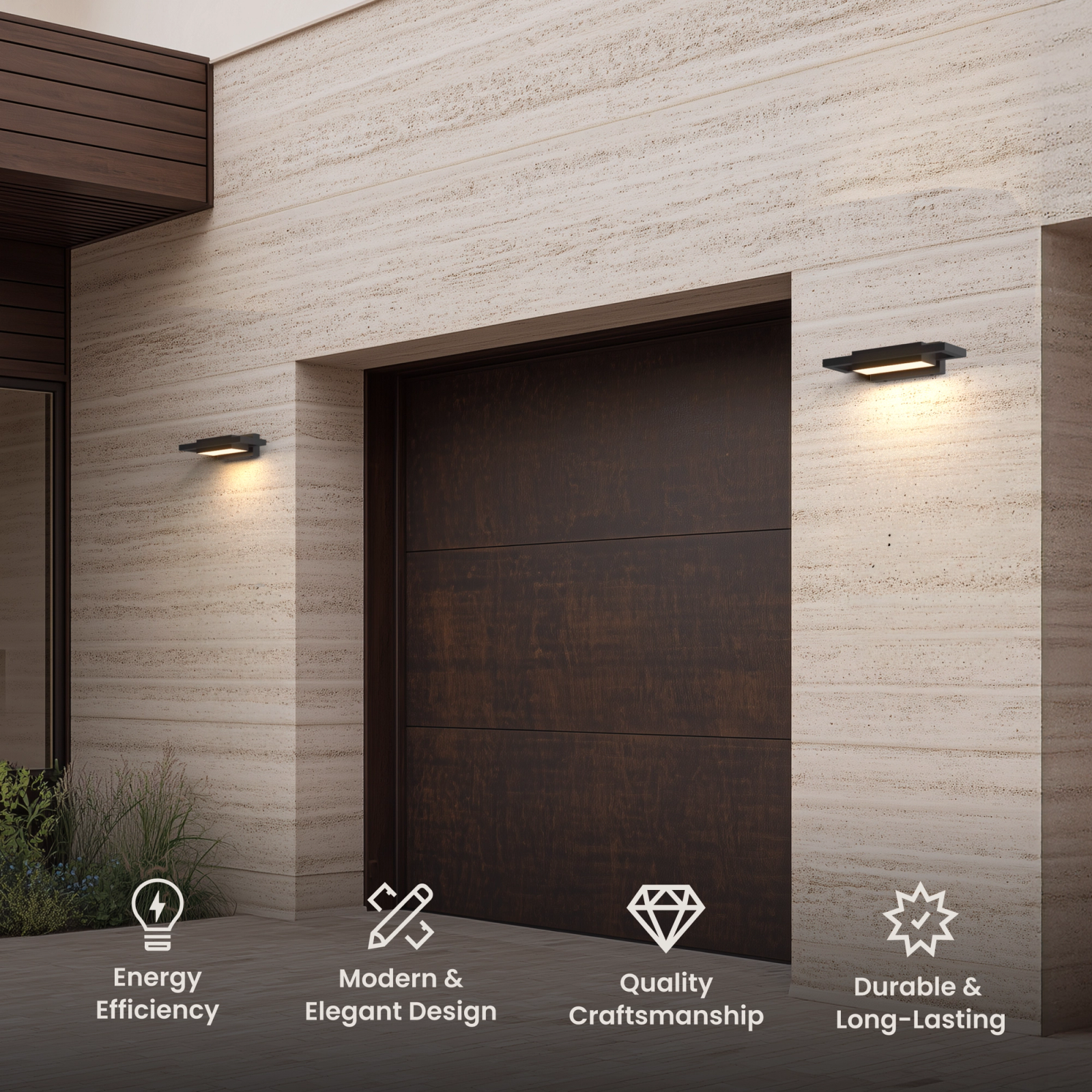 Brooklyn, slim black horizontal outdoor wall lights flanking a garage on a travertine exterior