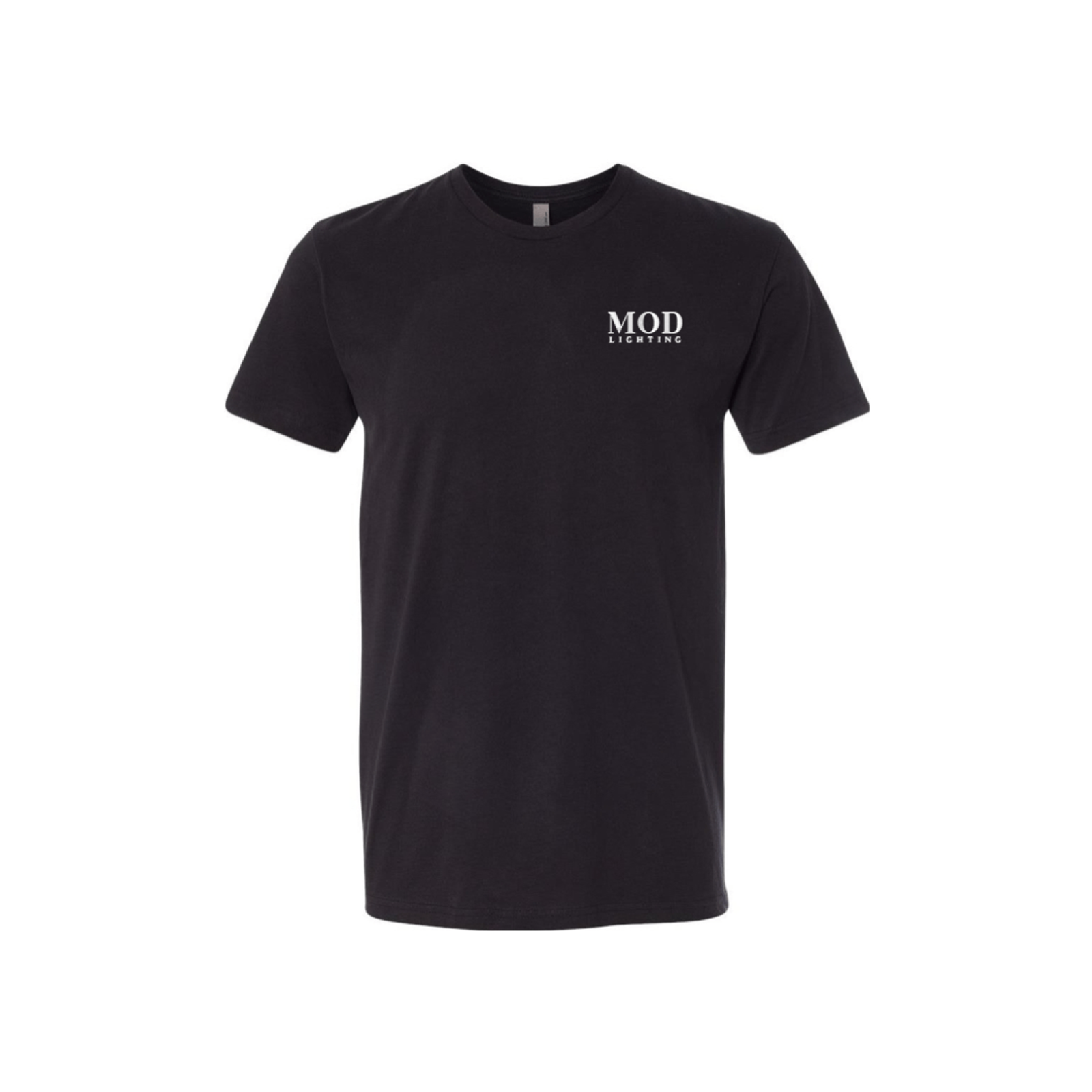 MOD LIGHTING black short-sleeve tee, front view with embroidered white chest logo
