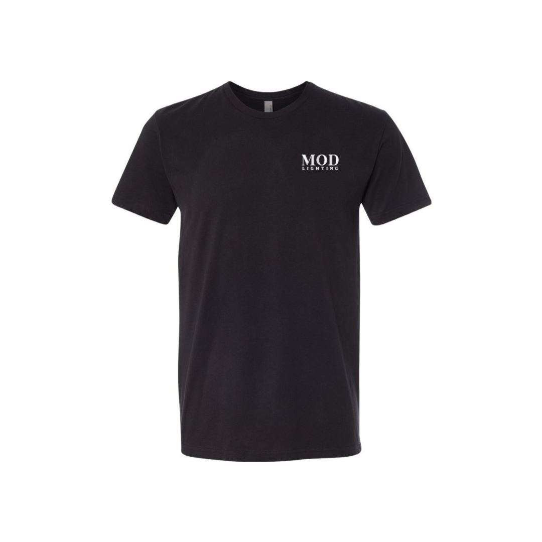 MOD LIGHTING black short-sleeve tee, front view with embroidered white chest logo
