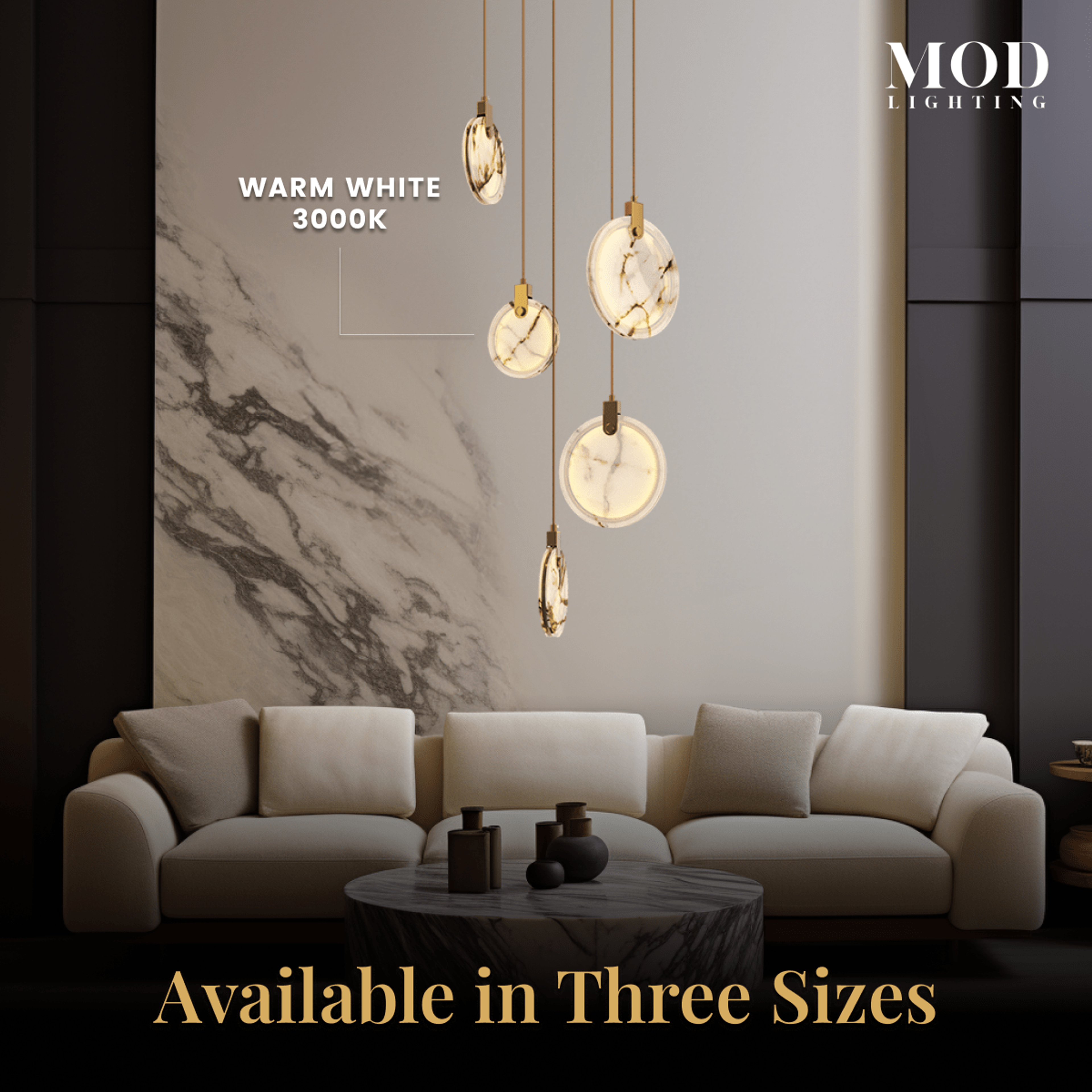 Marble gold and alabaster disc pendants in warm white 3000K over a beige sofa, available in three sizes