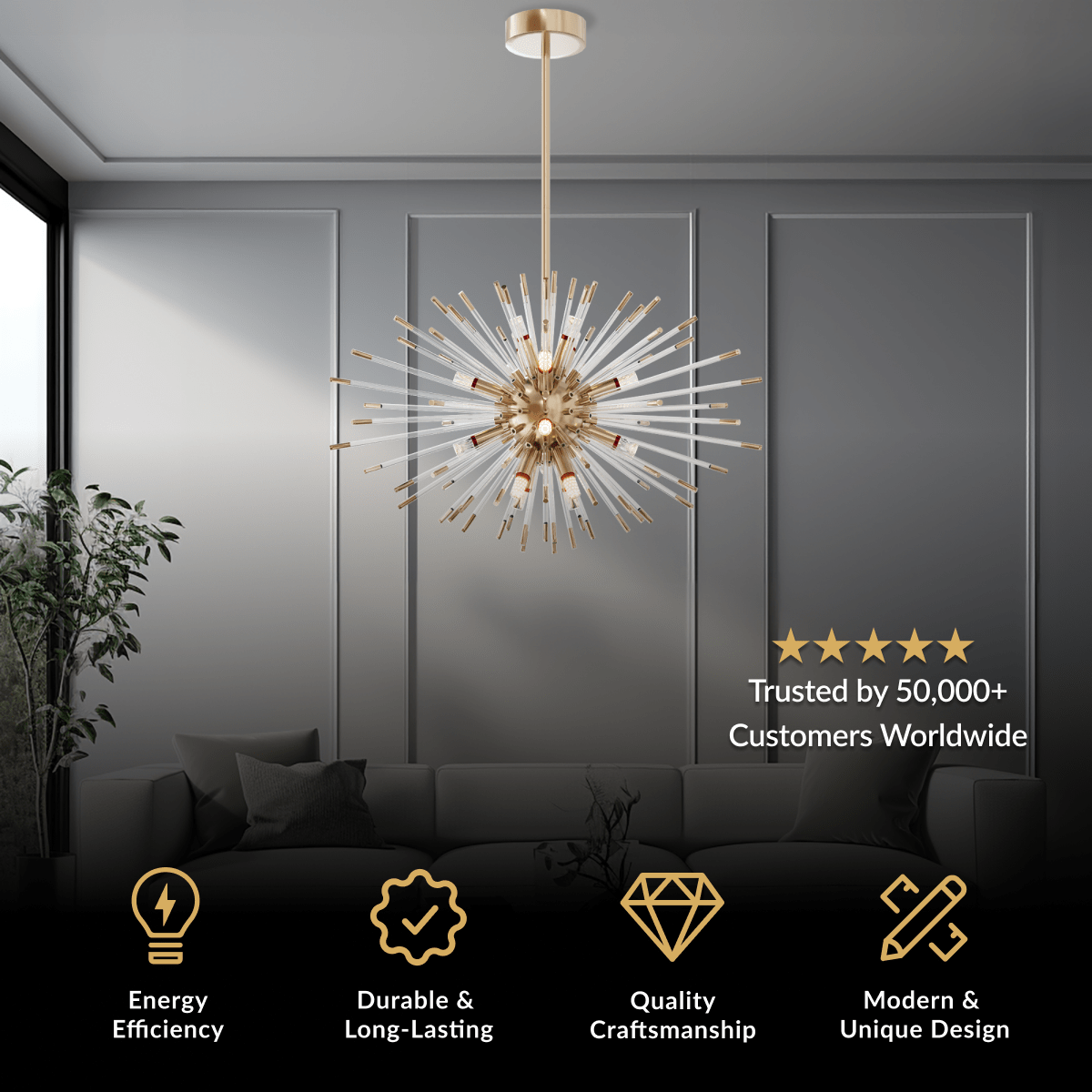 Pixie chandelier, gold sputnik burst of thin crystal rods radiating from a central sphere, in a living room