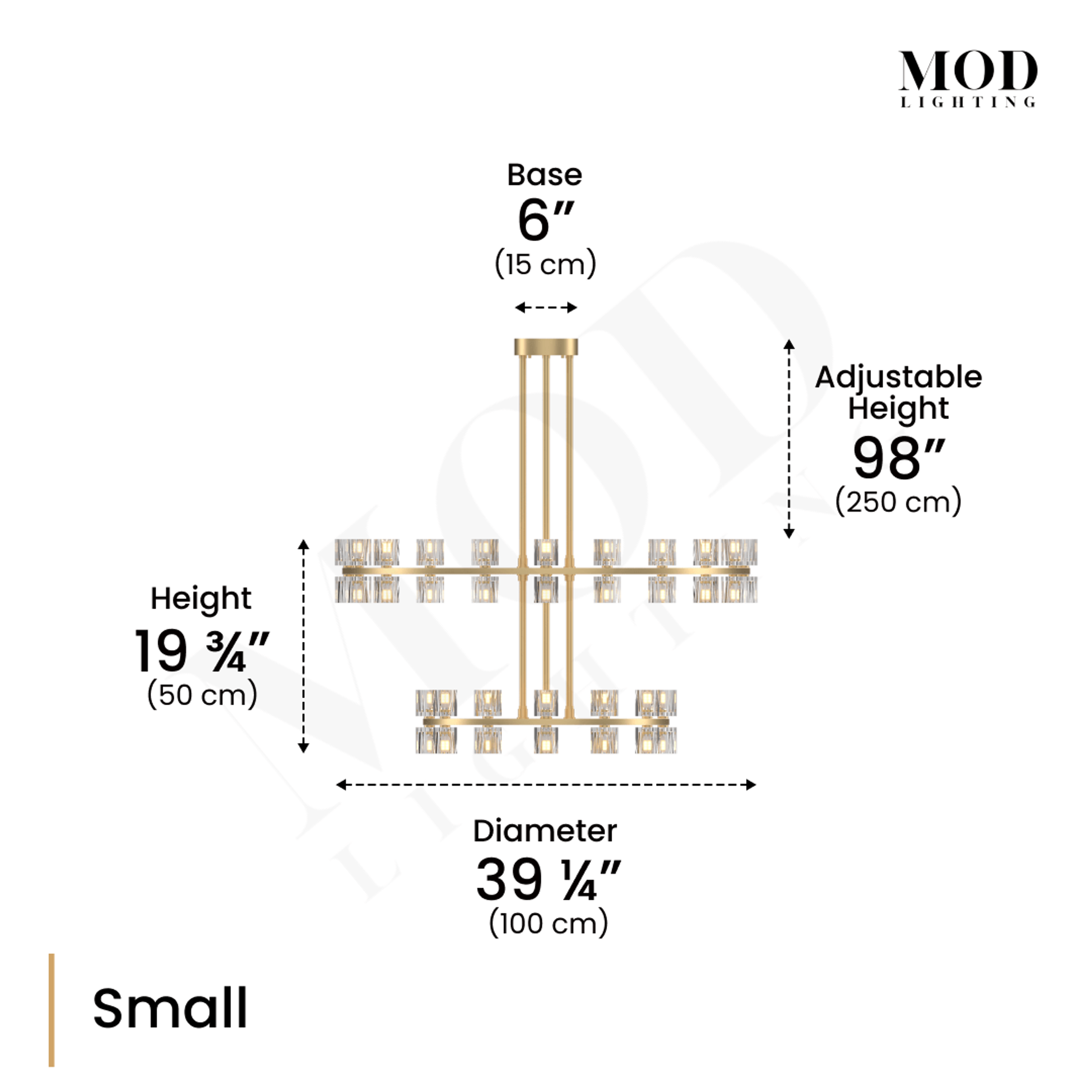 Sunset crystal chandelier dimensions, Small: 19.75in height, 39.25in diameter, 98in adjustable drop