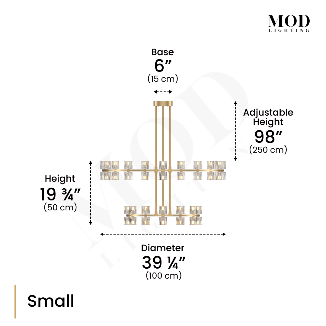 Sunset crystal chandelier dimensions, Small: 19.75in height, 39.25in diameter, 98in adjustable drop