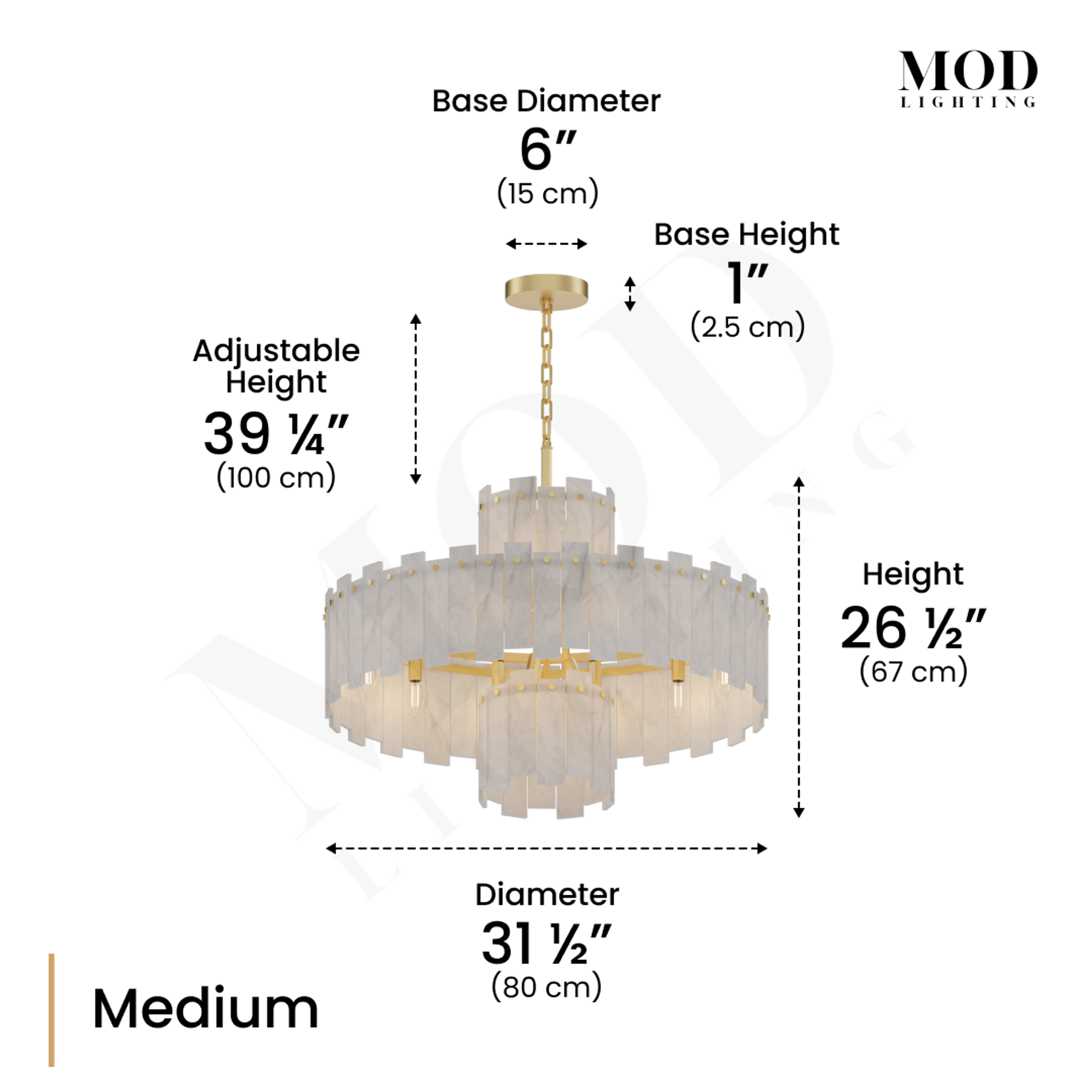 Velina chandelier dimension diagram, Medium: 31 1/2in diameter, 26 1/2in tall, 39 1/4in adjustable height