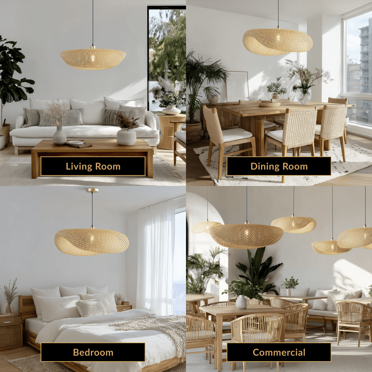 Liora woven bamboo pendant, wide draped organic disc, shown over a living room, dining, bedroom and cafe