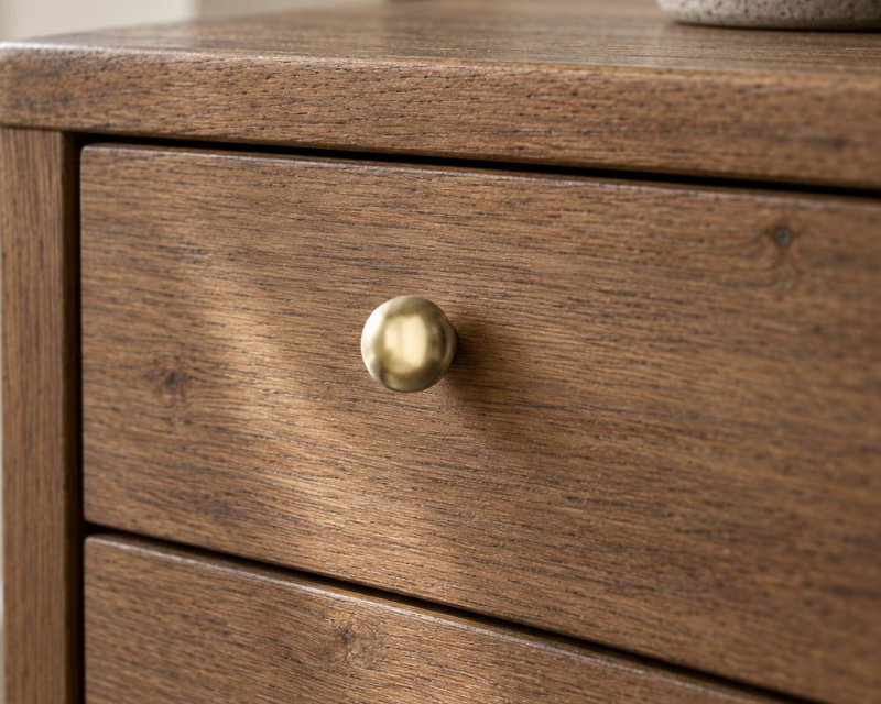 Balmuto brass cabinet knob on a beige cabinet