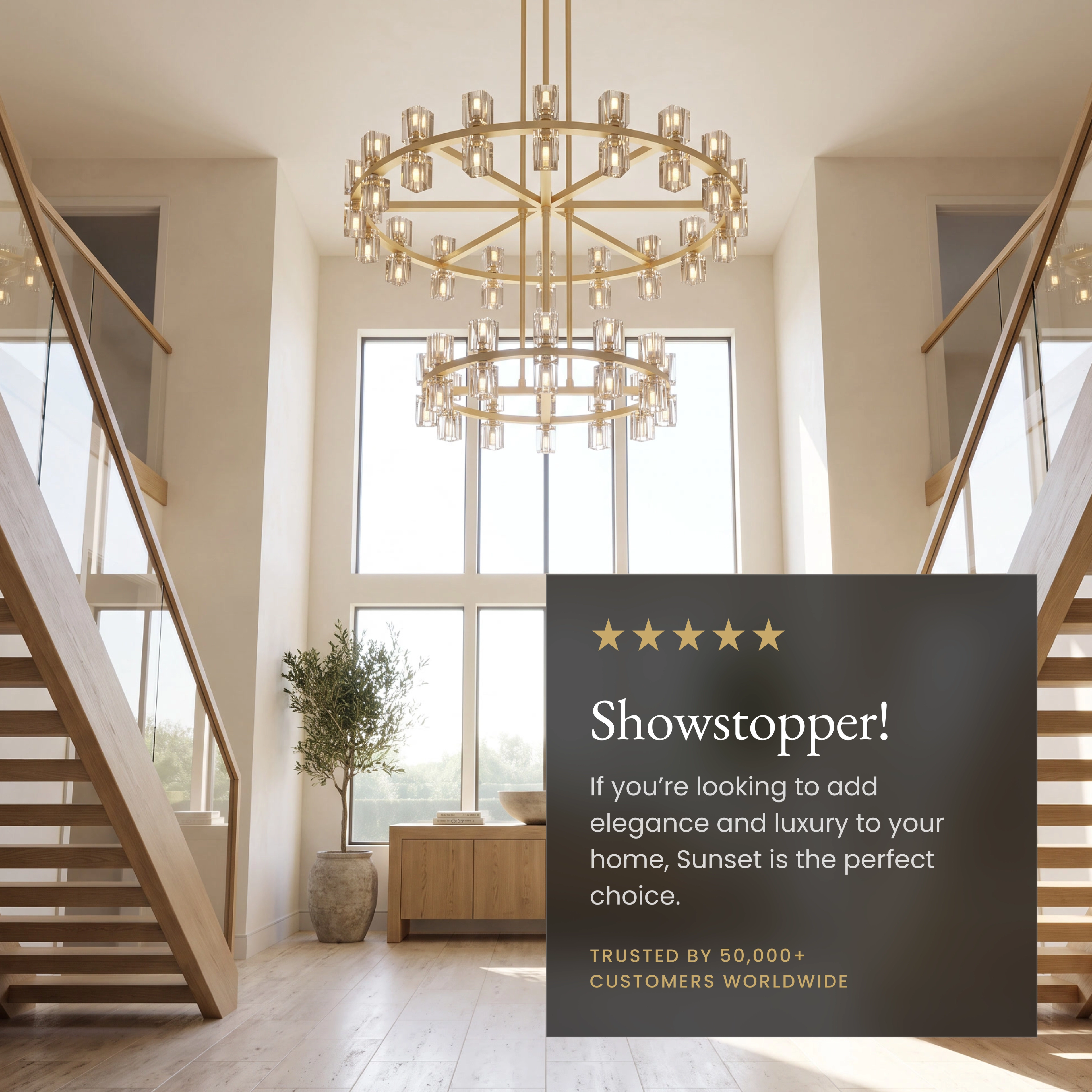 Sunset two-tiered brass ring chandelier with crystal shades, hung over a console in an entryway