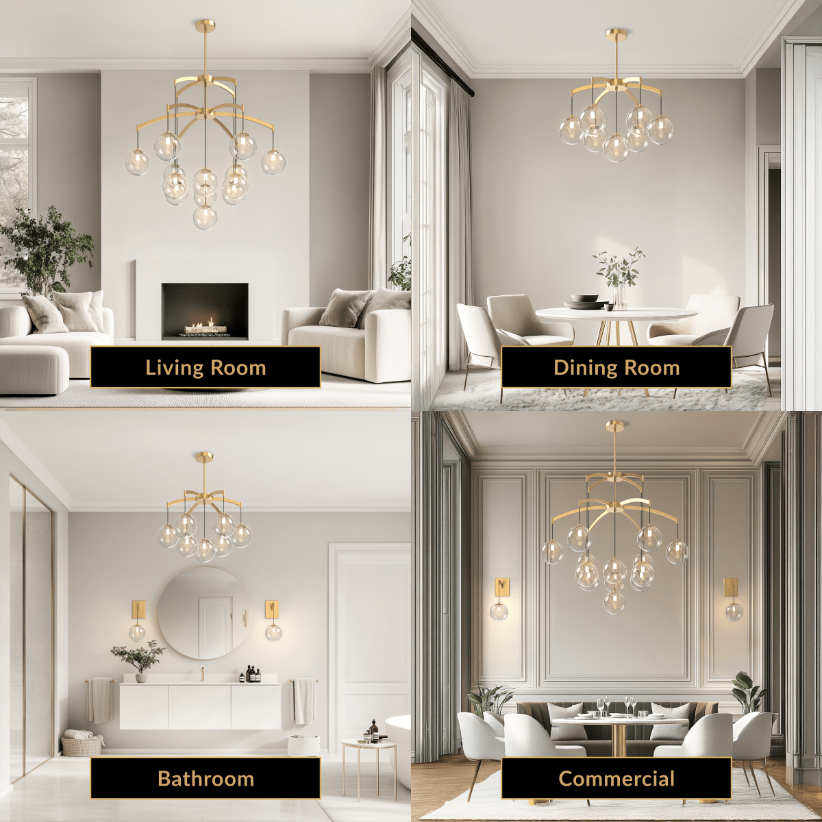 Mirella, brushed-gold globe chandelier, shown in a living room, dining room, bathroom and commercial space