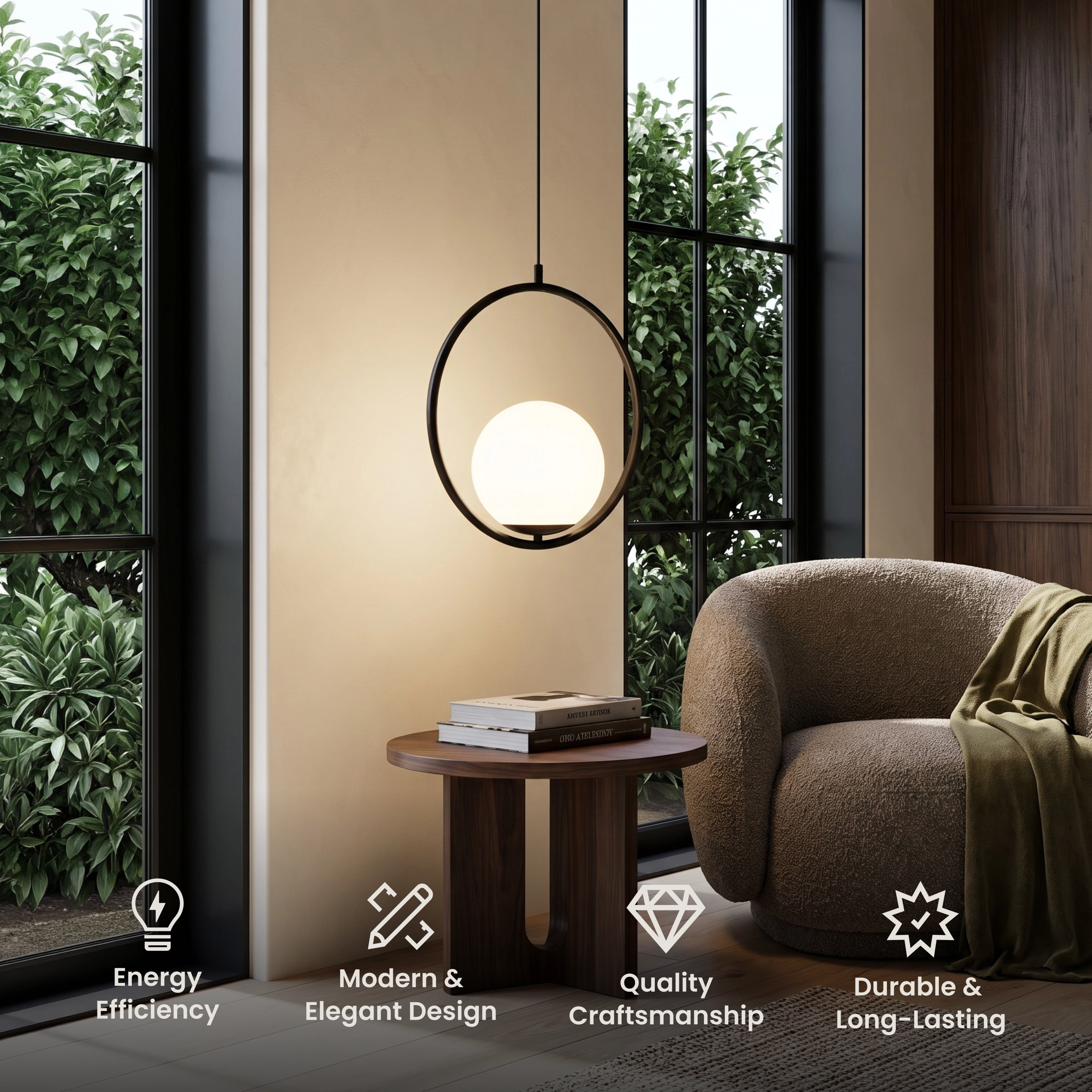 Jewels & Pearls brushed-gold pendants, geometric frames with white opal-glass globes over a dining table