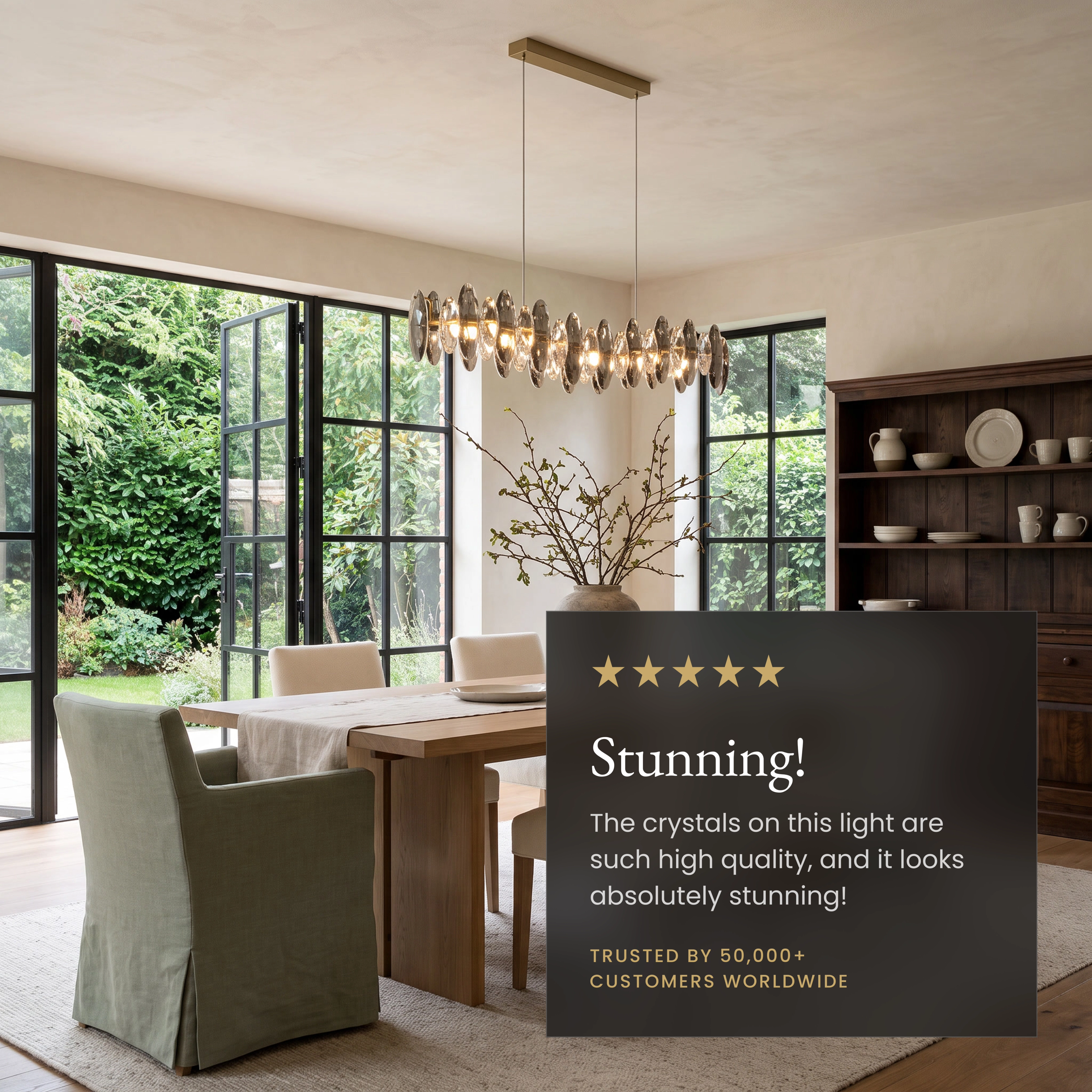 Celestial gold linear crystal pendant over a desk, labeling slant-ceiling, dimmer, length and LED features