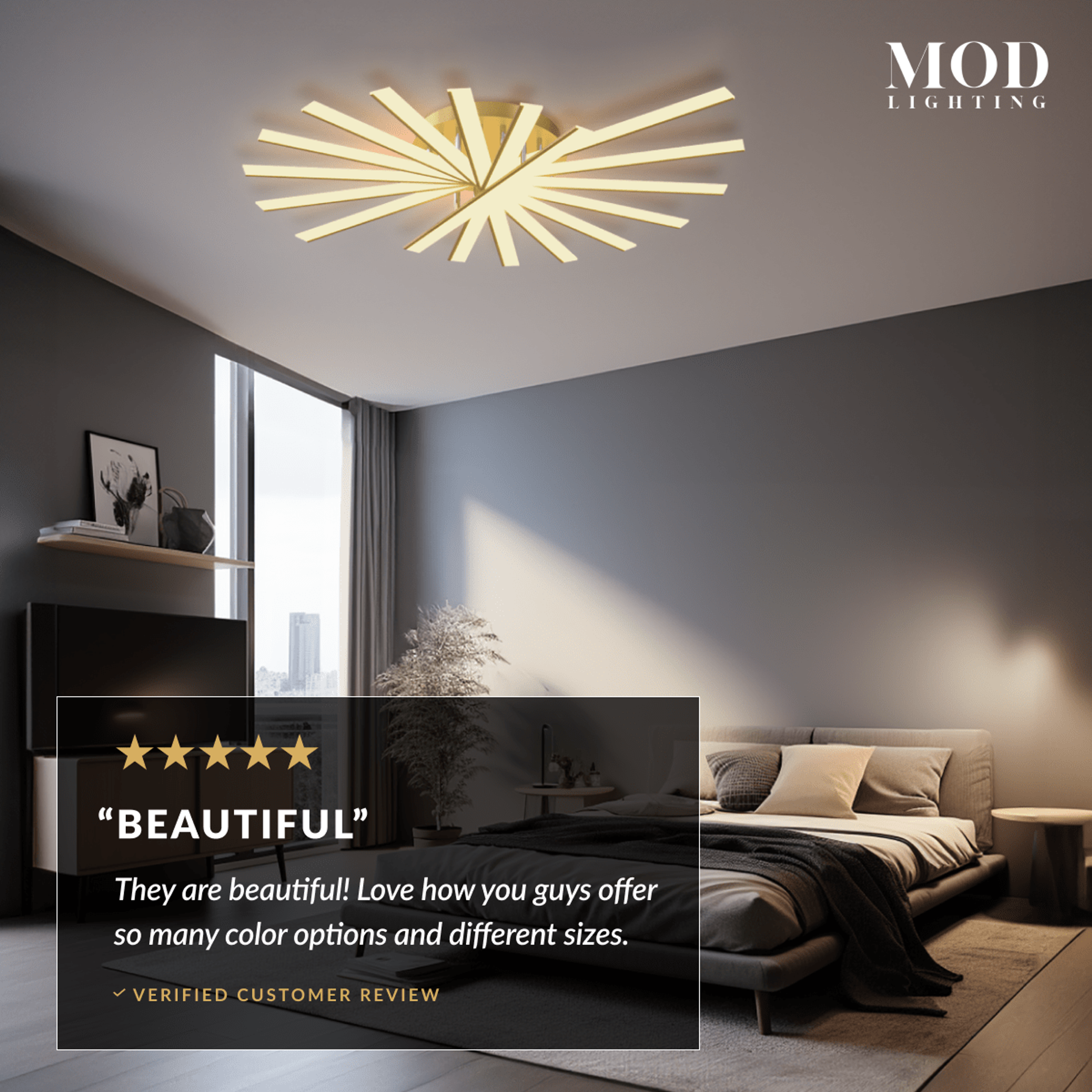 Jayce ceiling light with crossed LED bars glowing warm white in a modern bedroom, five-star review overlay