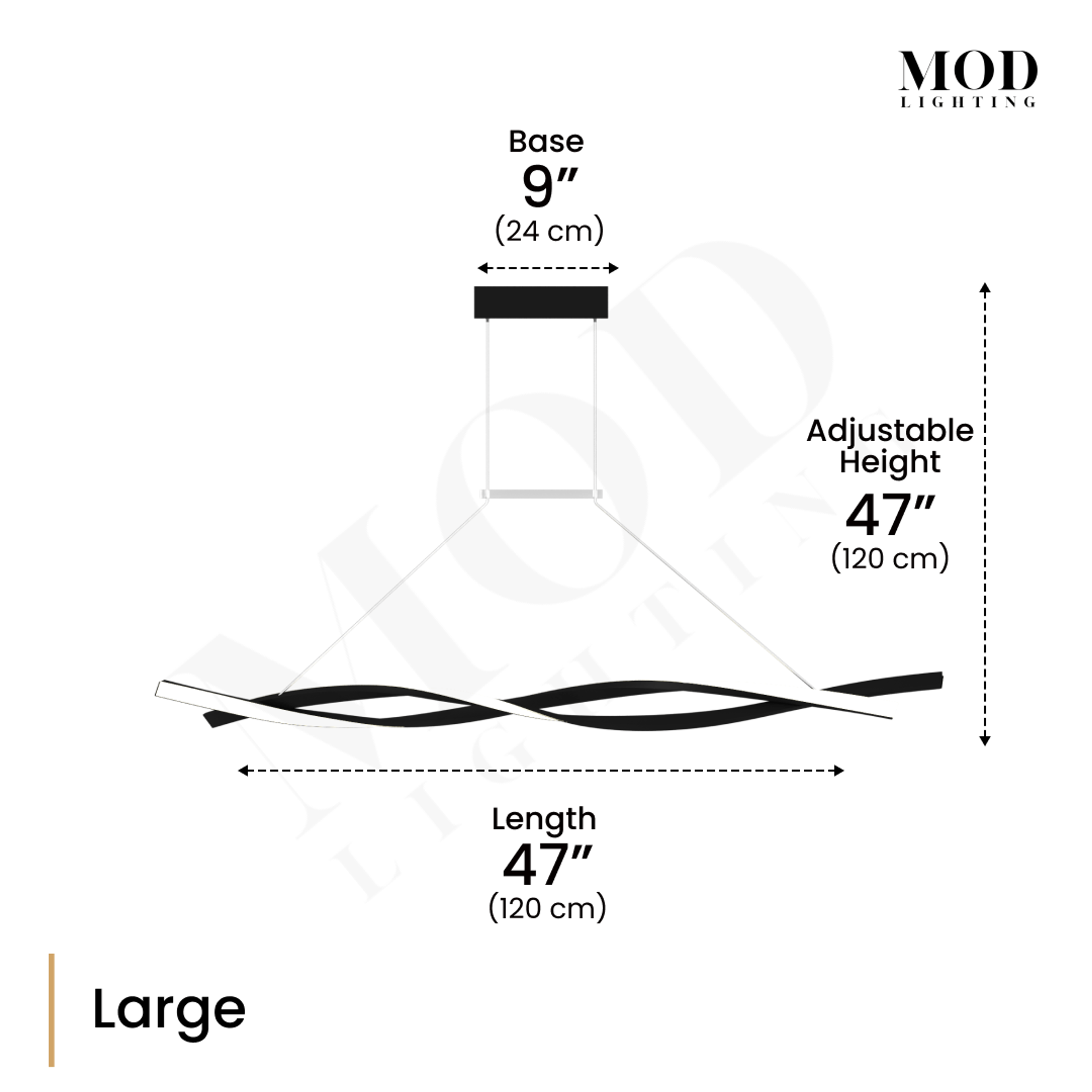 Wavey large wave-form pendant diagram: 47 in long, 9 in base, 47 in adjustable height