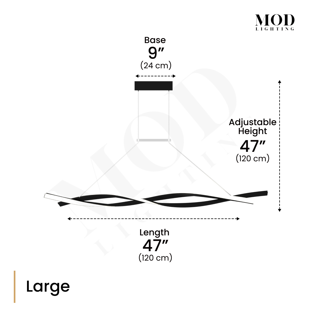 Wavey large wave-form pendant diagram: 47 in long, 9 in base, 47 in adjustable height