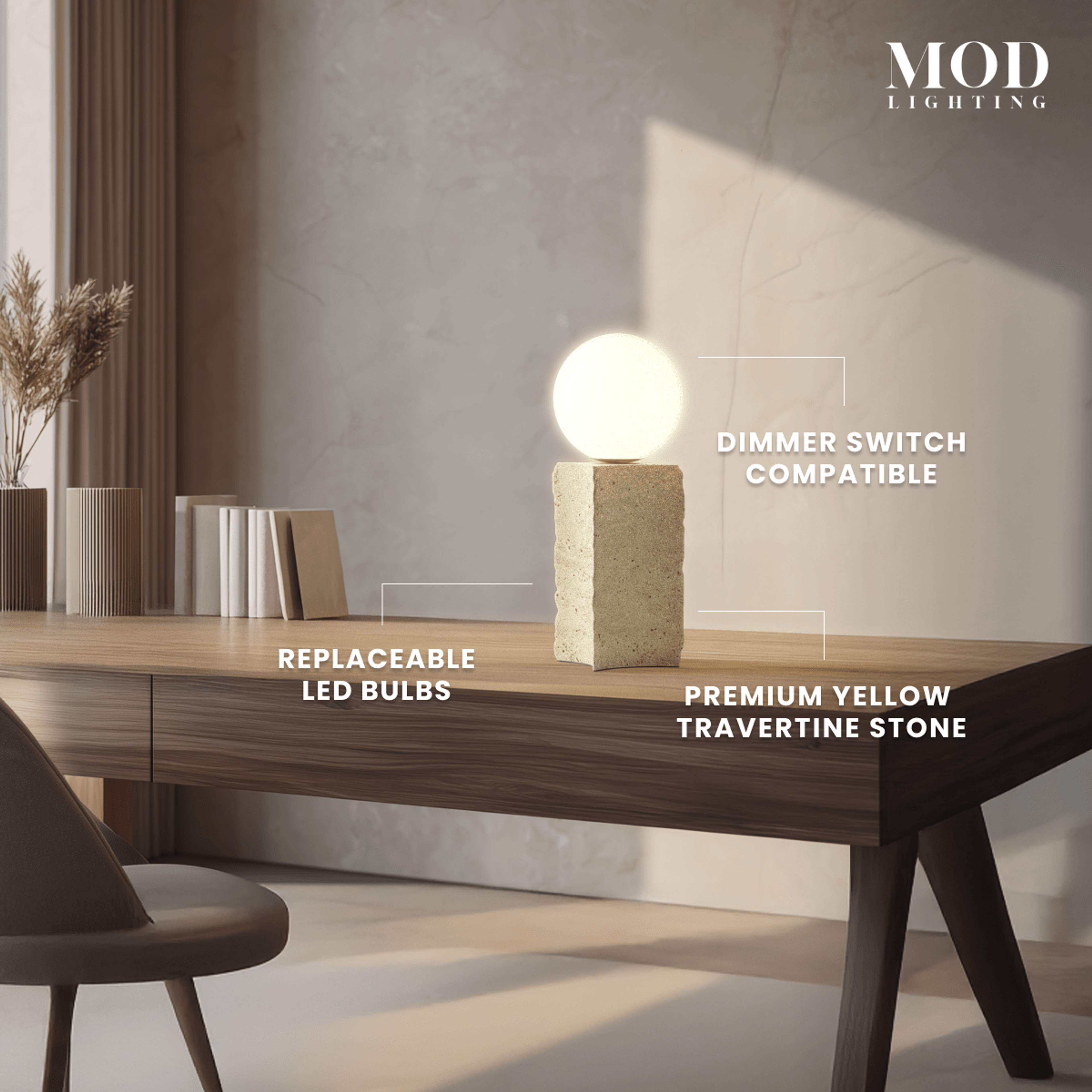 Arabella Table Lamp travertine stone lamp, stone block base with white glass orb on a wood table, with feature callouts