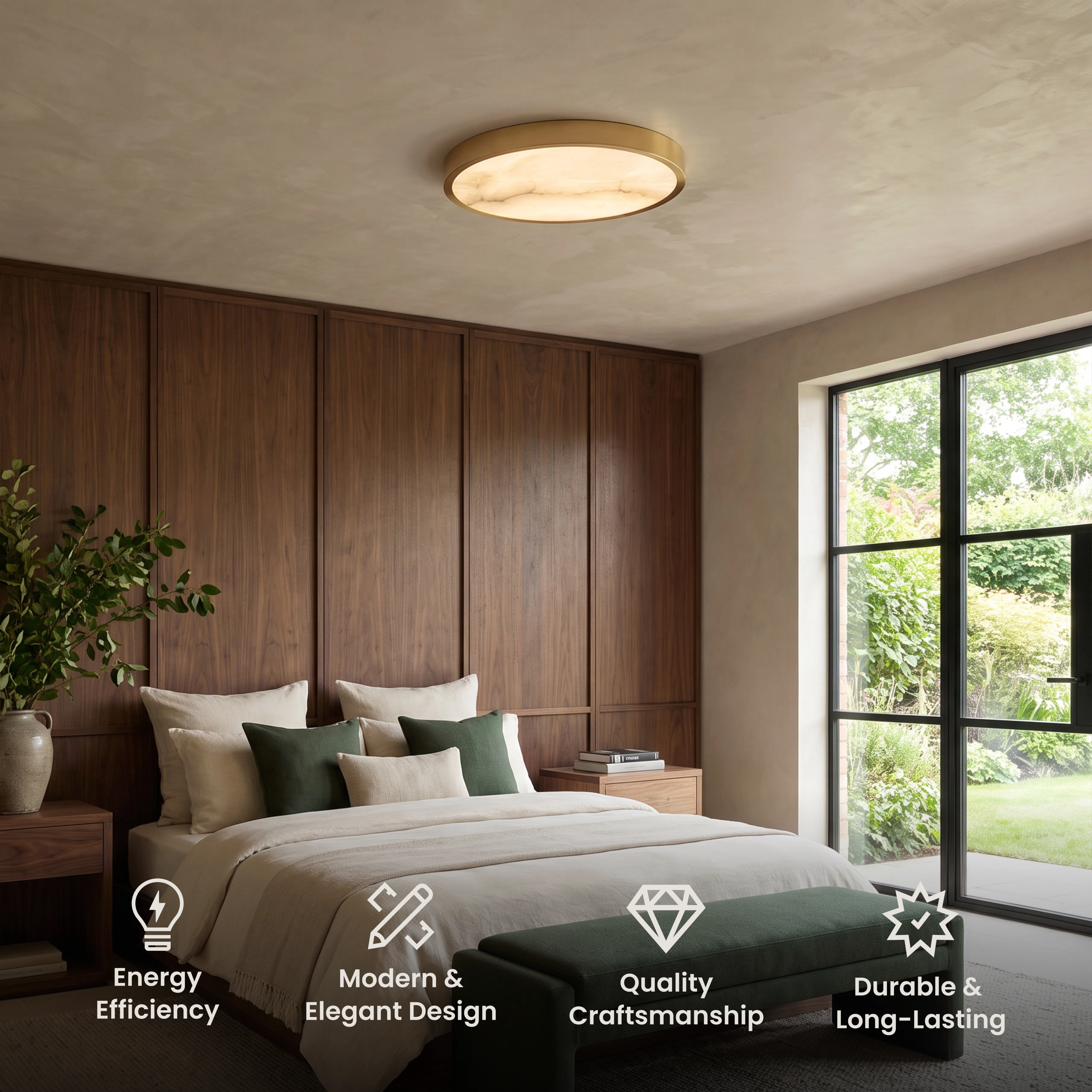 Celia Smart brass and alabaster round ceiling light in a bedroom, with feature icons