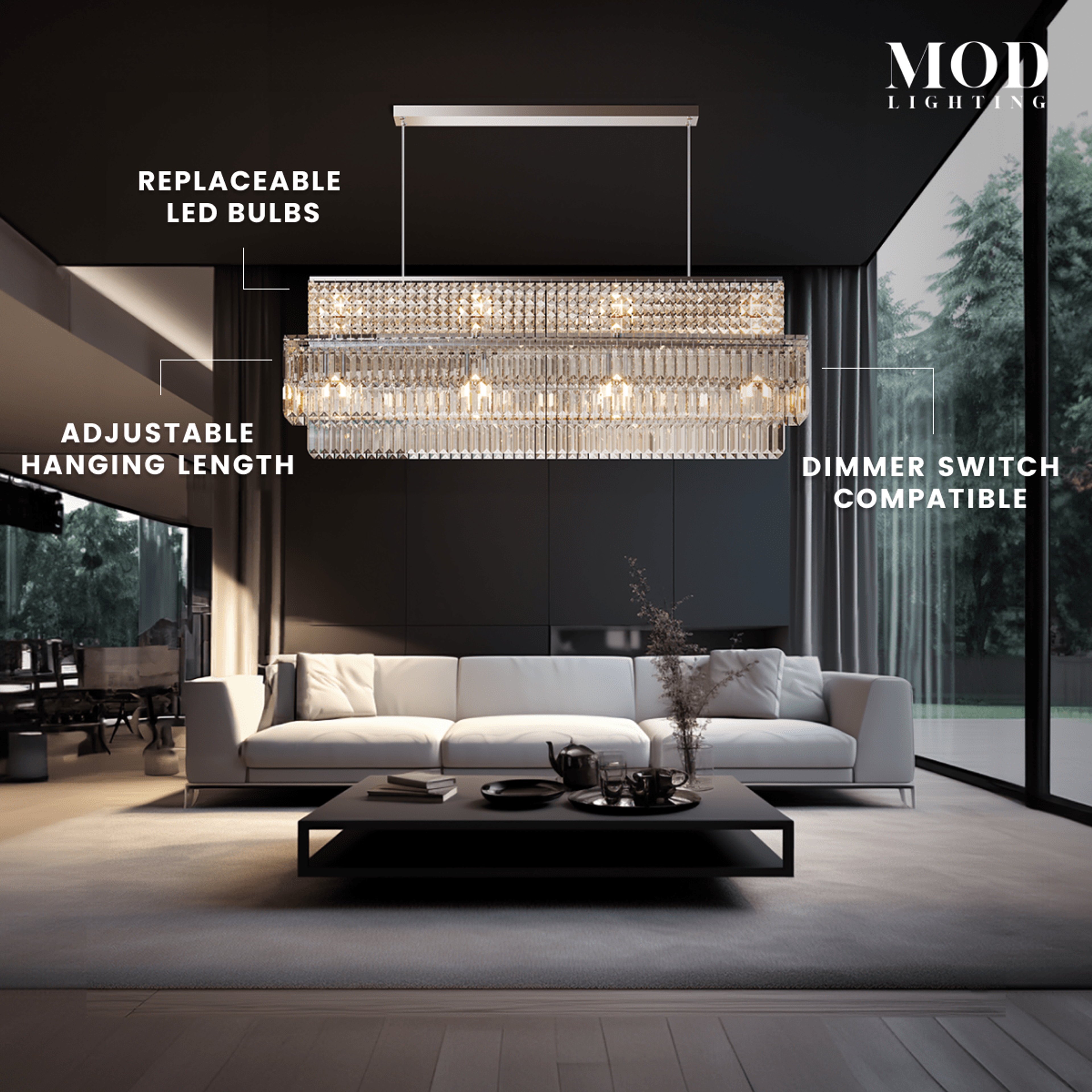 Krystal chrome rectangular crystal chandelier over a coffee table; replaceable LEDs, adjustable, dimmable