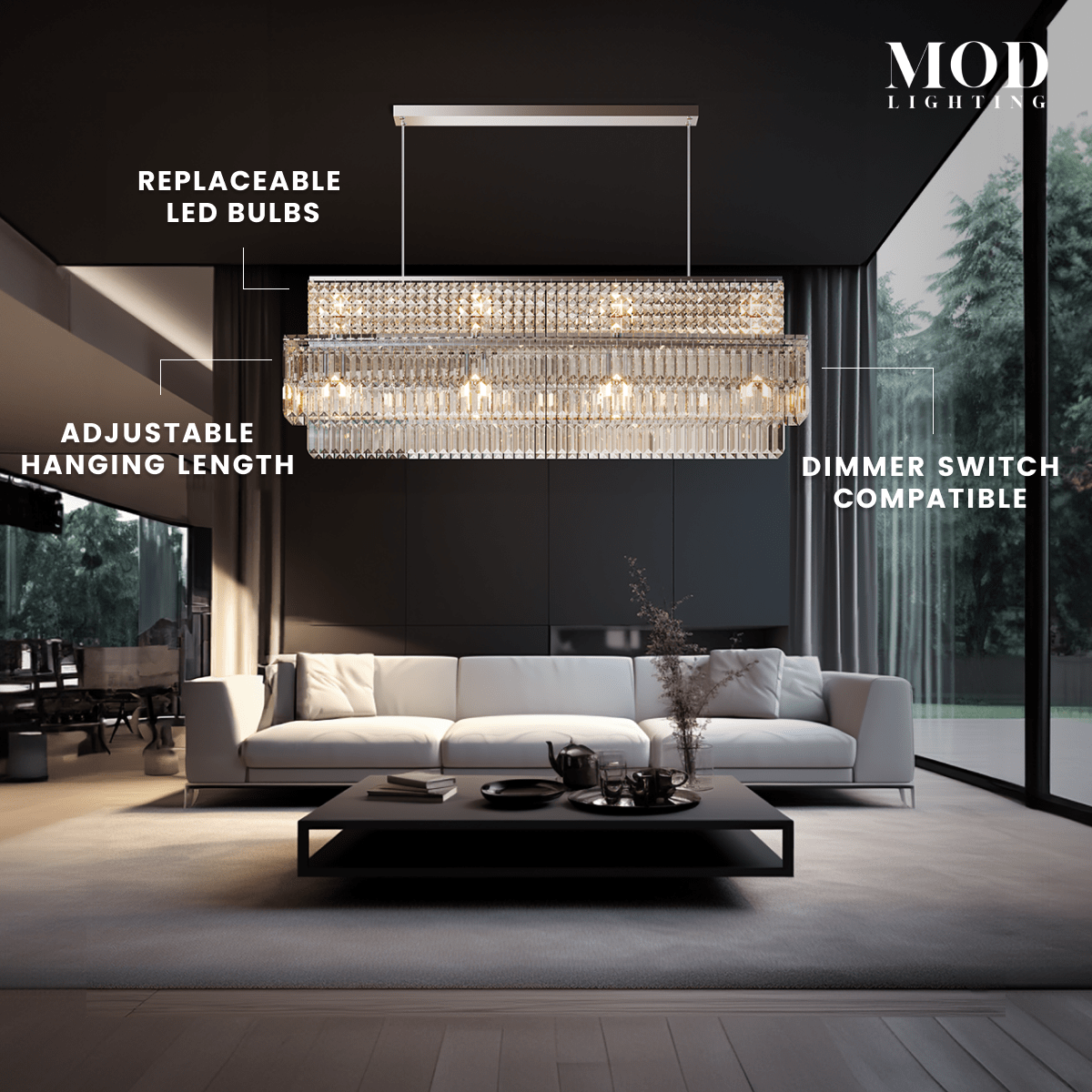 Krystal chrome rectangular crystal chandelier over a coffee table; replaceable LEDs, adjustable, dimmable