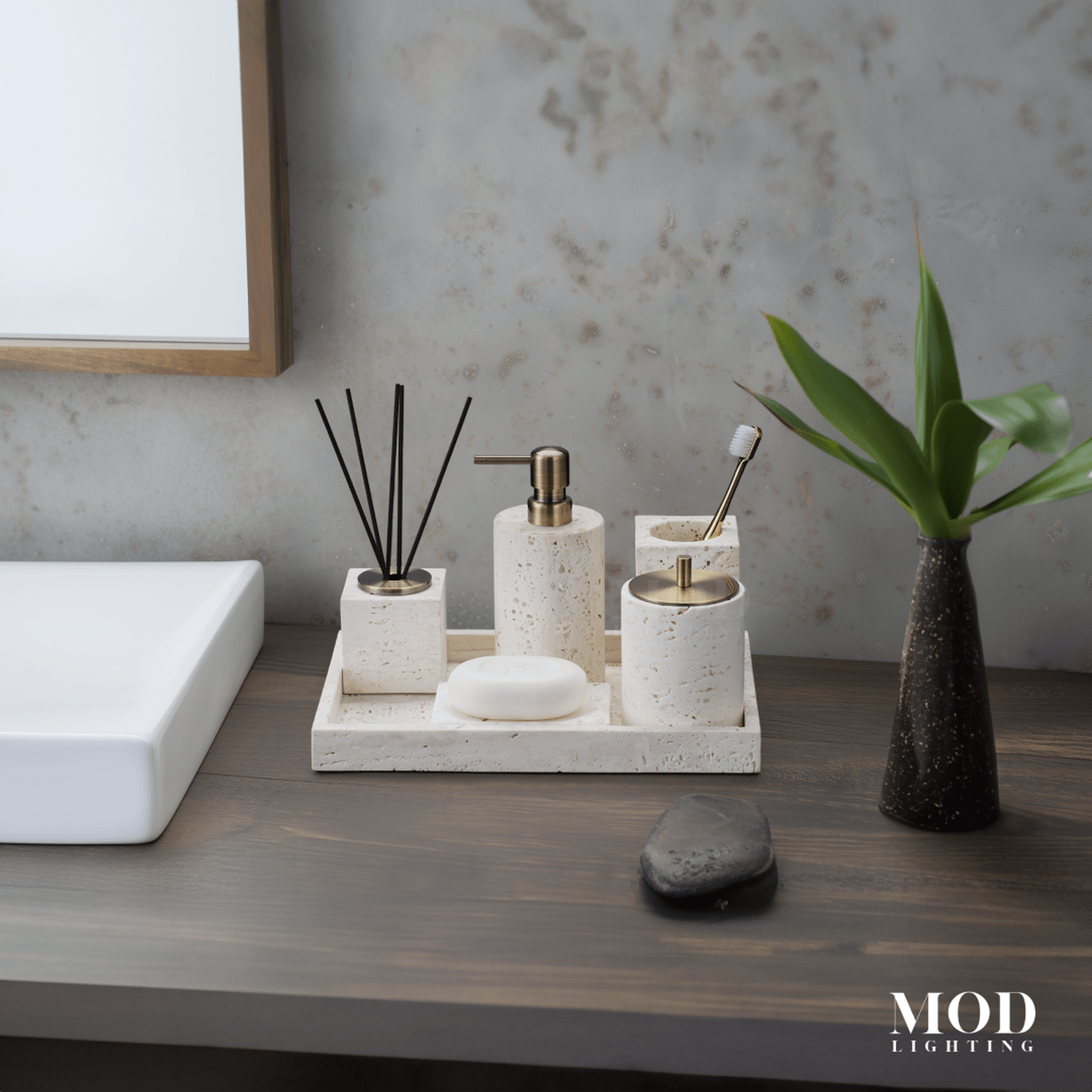 Alabaster Travertine bath set, cream stone soap pump, jars and diffuser on a tray on a bathroom vanity