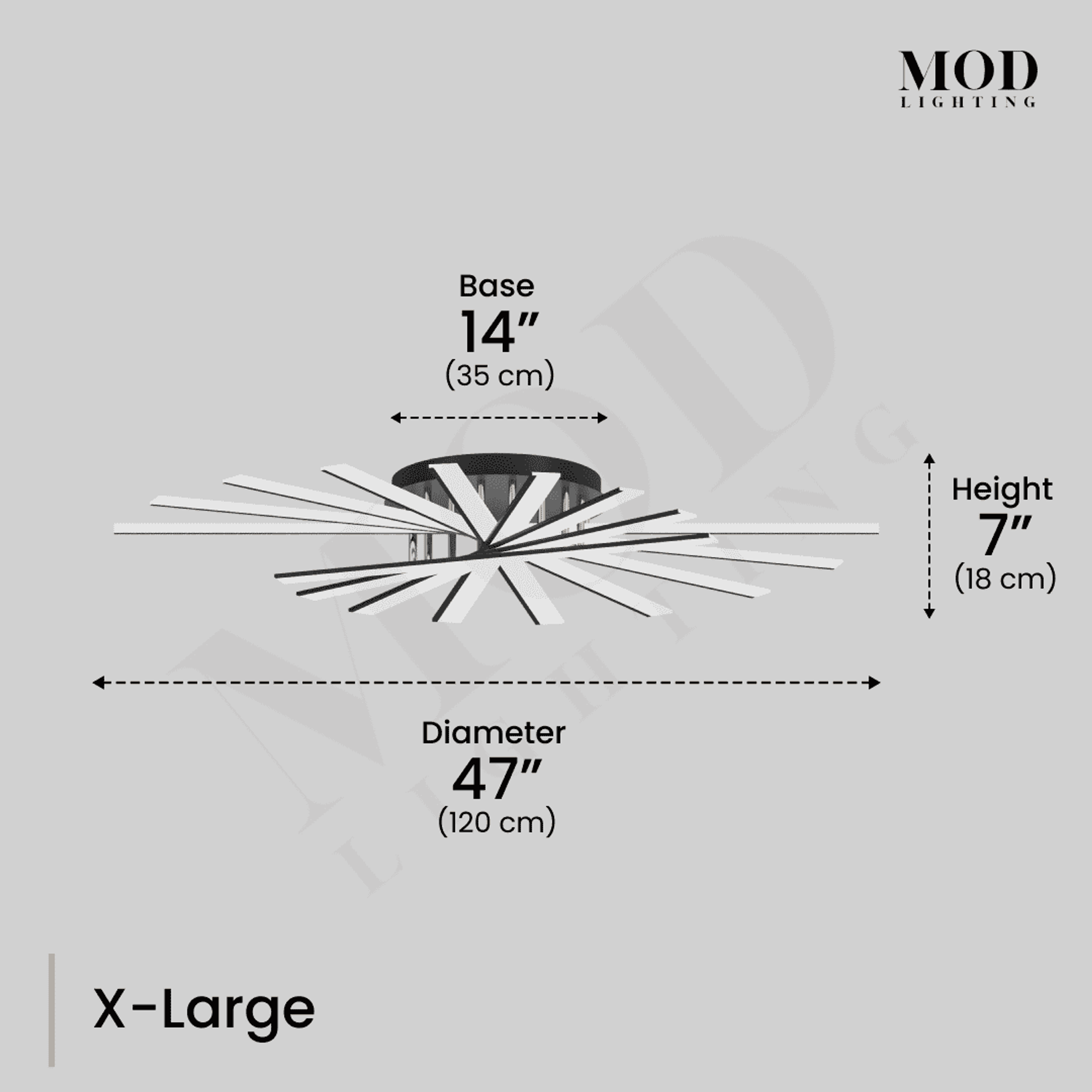 Jayce X-Large dimension diagram: crossed LED bars, 47 in (120 cm) diameter, 7 in high, 14 in base
