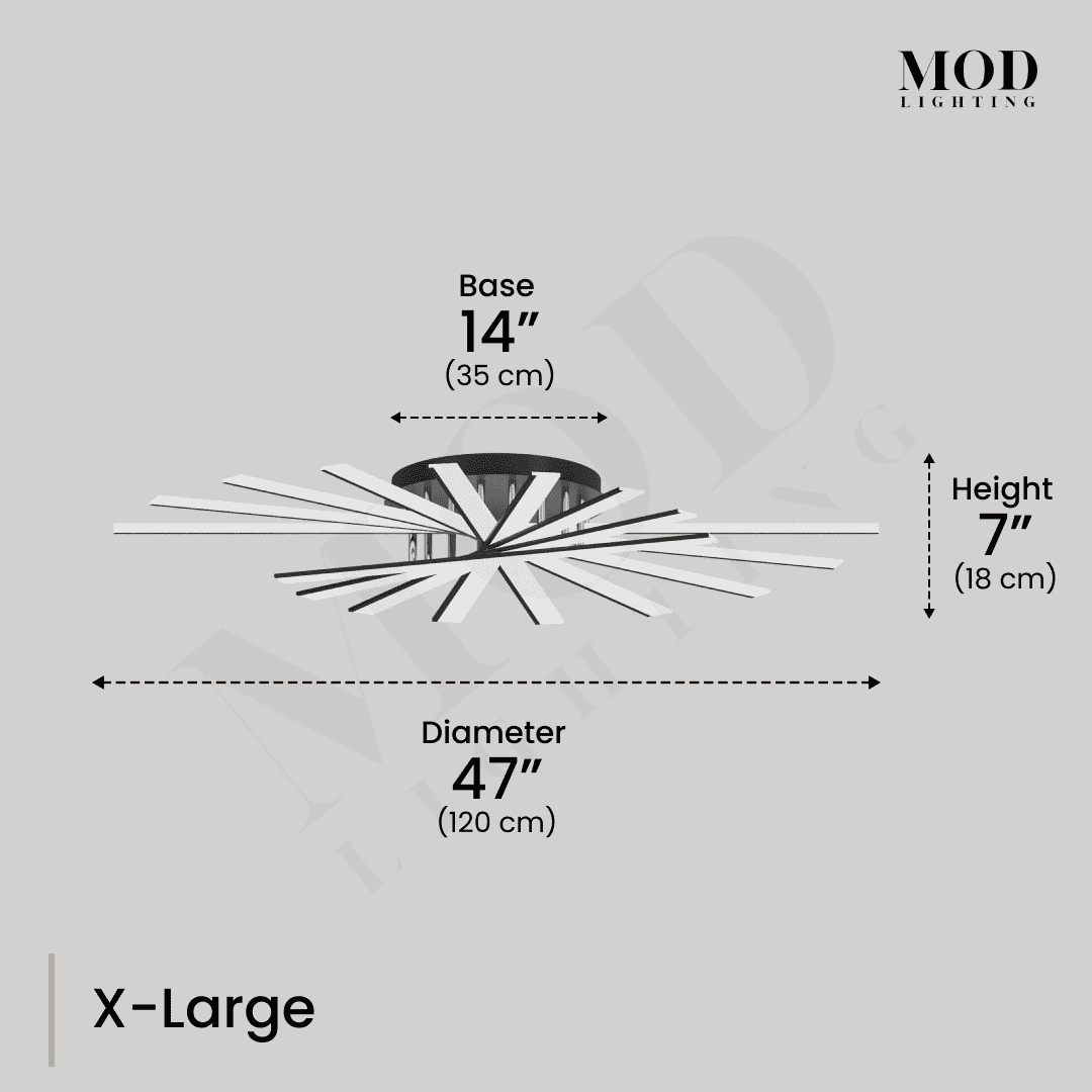Jayce X-Large dimension diagram: crossed LED bars, 47 in (120 cm) diameter, 7 in high, 14 in base