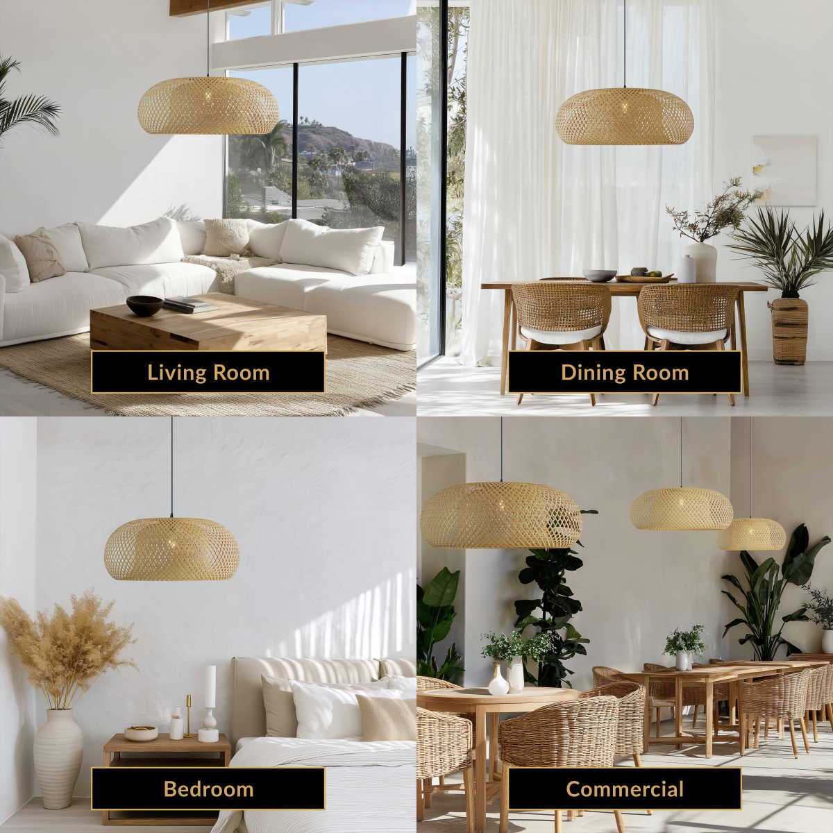 Amara woven bamboo dome pendant, rounded disc form, shown over a living room, dining table, bedroom and cafe