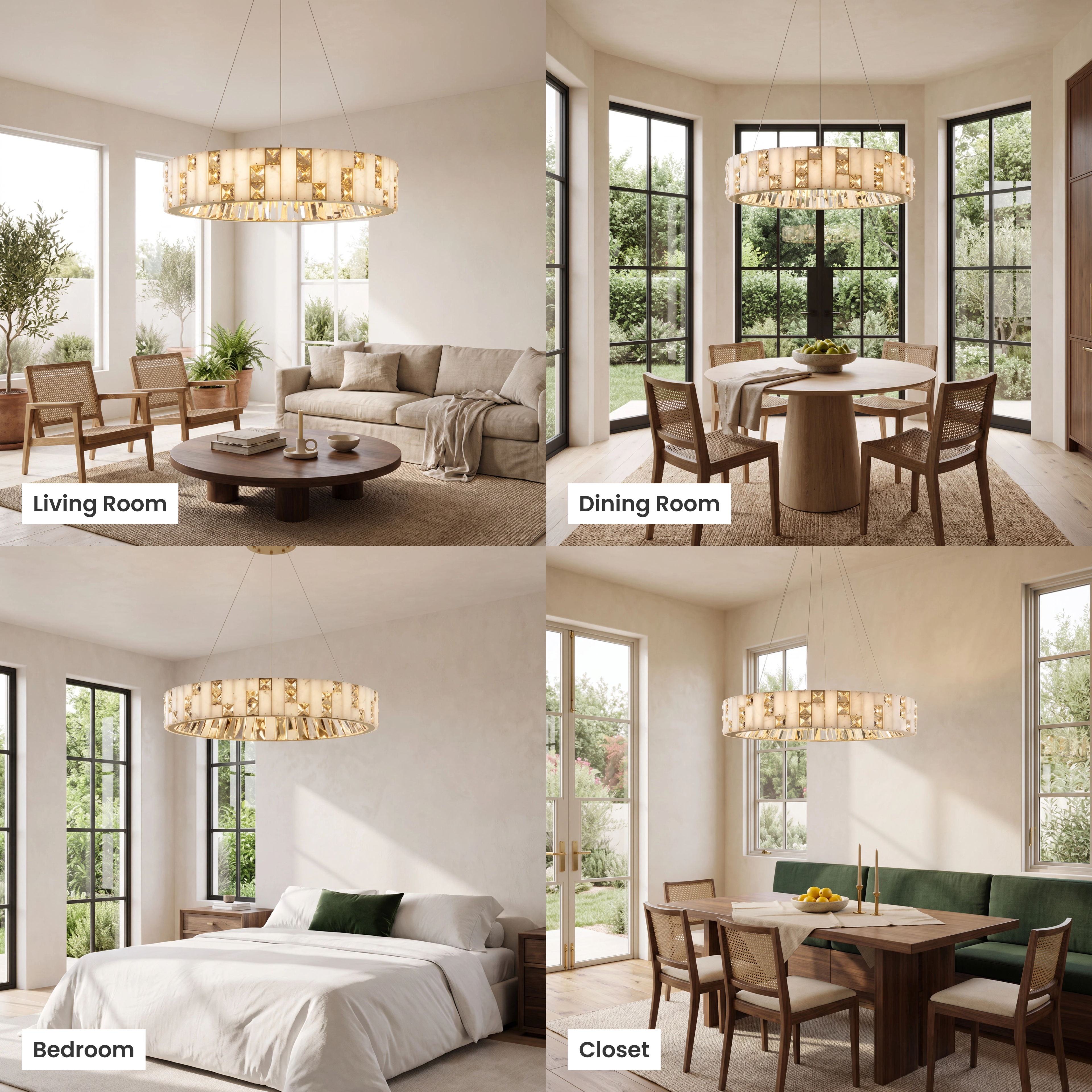 Seraphine Smart ring chandelier shown in a living room, dining room, bedroom and closet