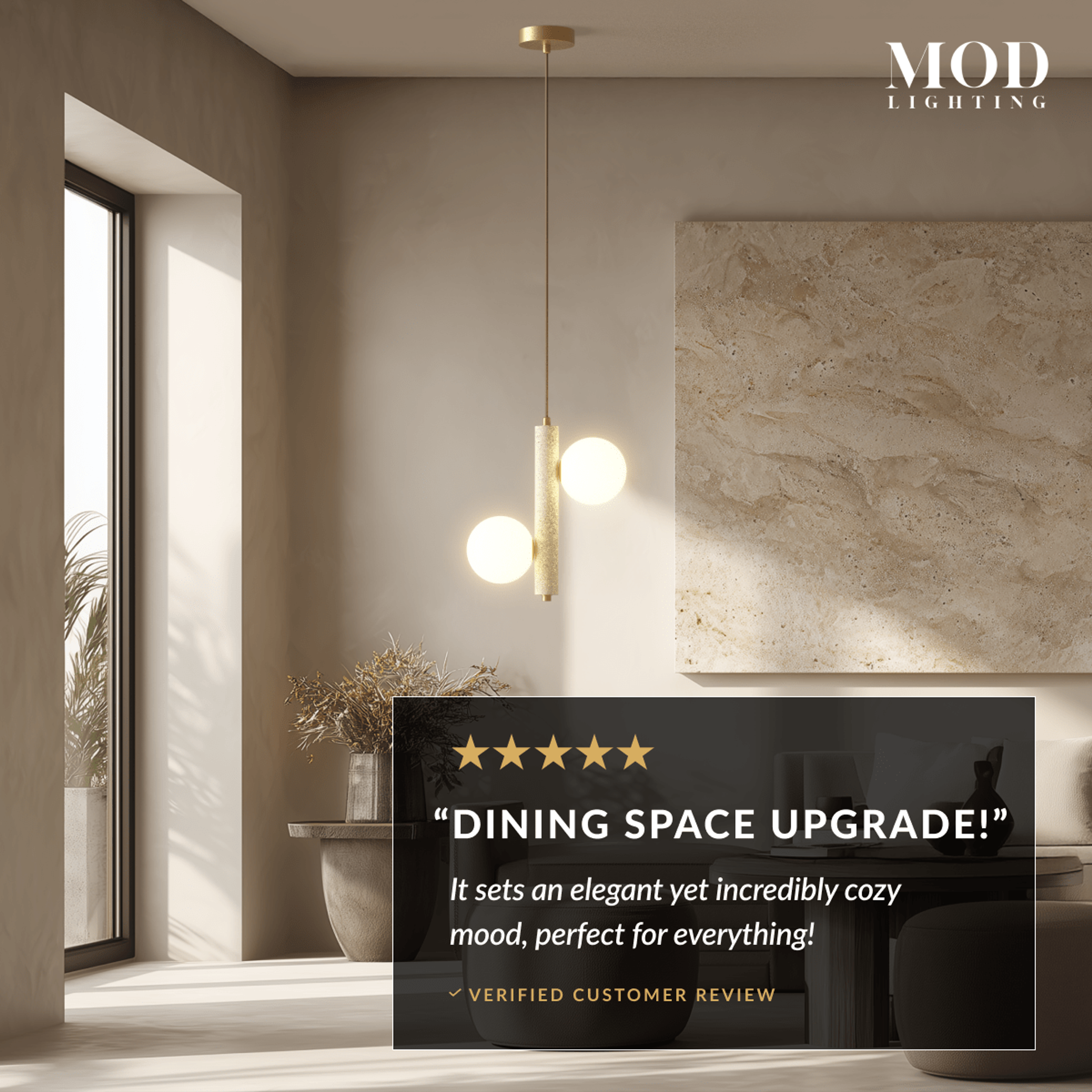 Arabella Pendant travertine stone light, brass rod with opal-glass orbs, with a five-star "Dining space upgrade!" review