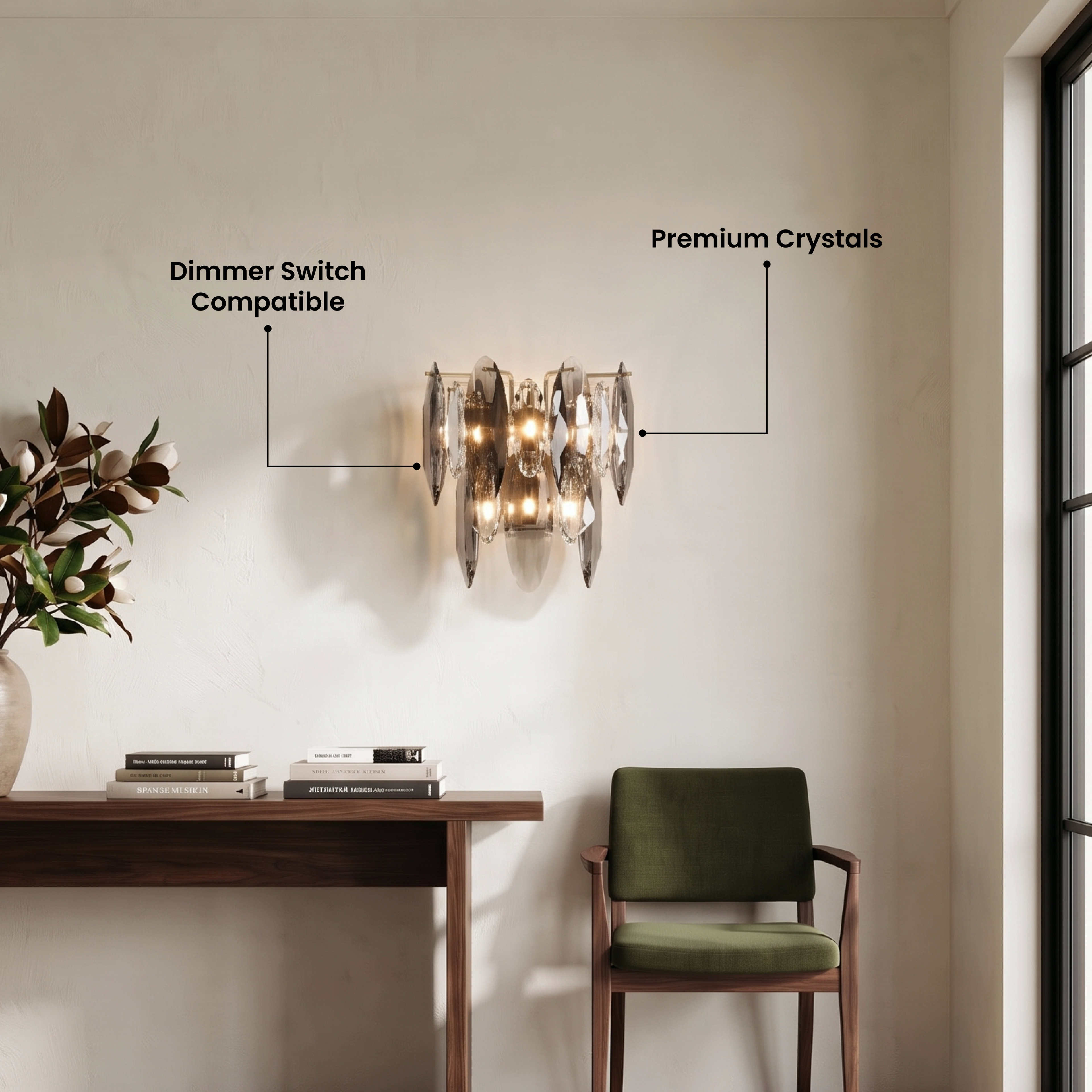 Celestial gold and smoke-crystal wall sconce on a panelled wall by a fireplace, customer review overlay