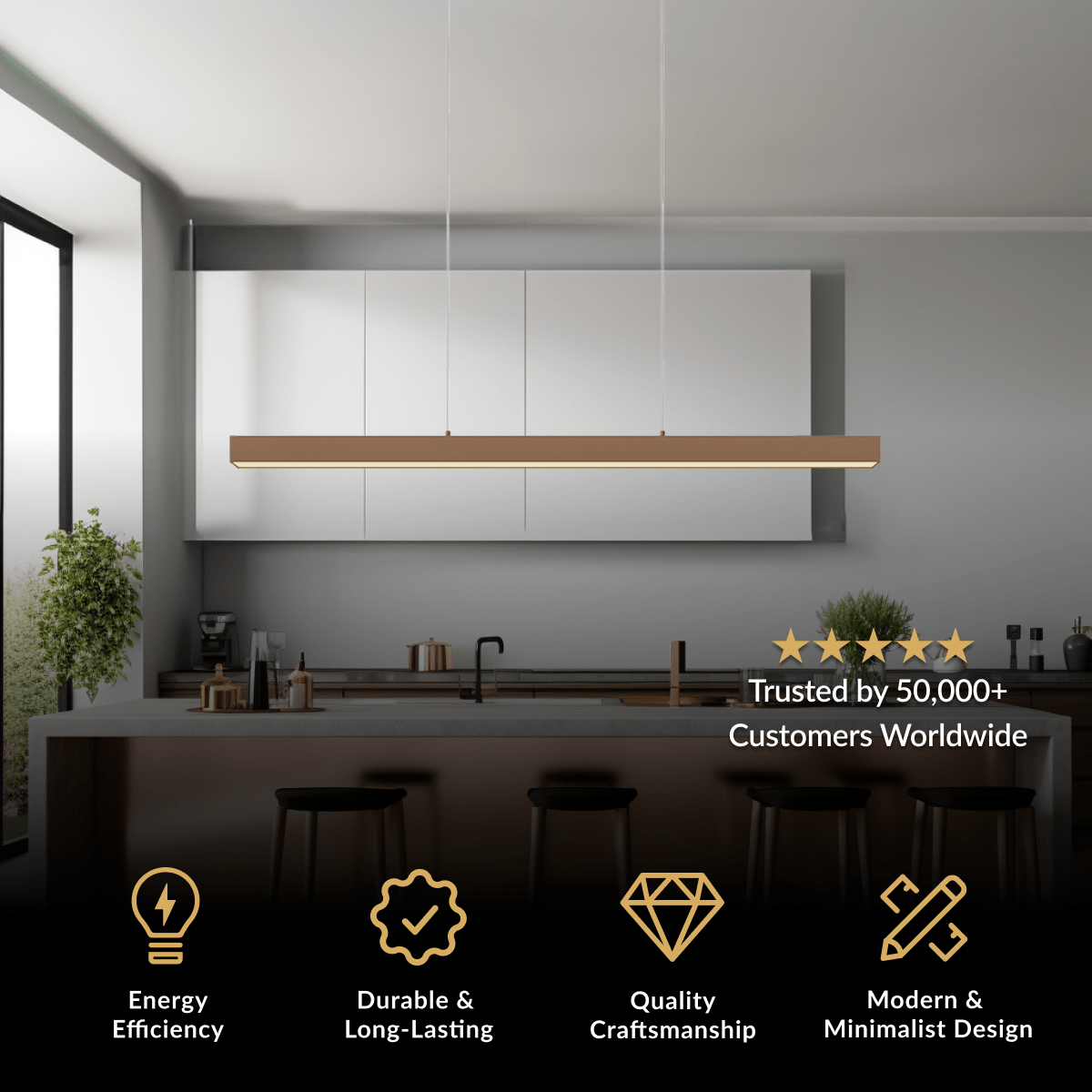 Luka wood-finish LED linear bar pendant suspended low over a kitchen island with black stools