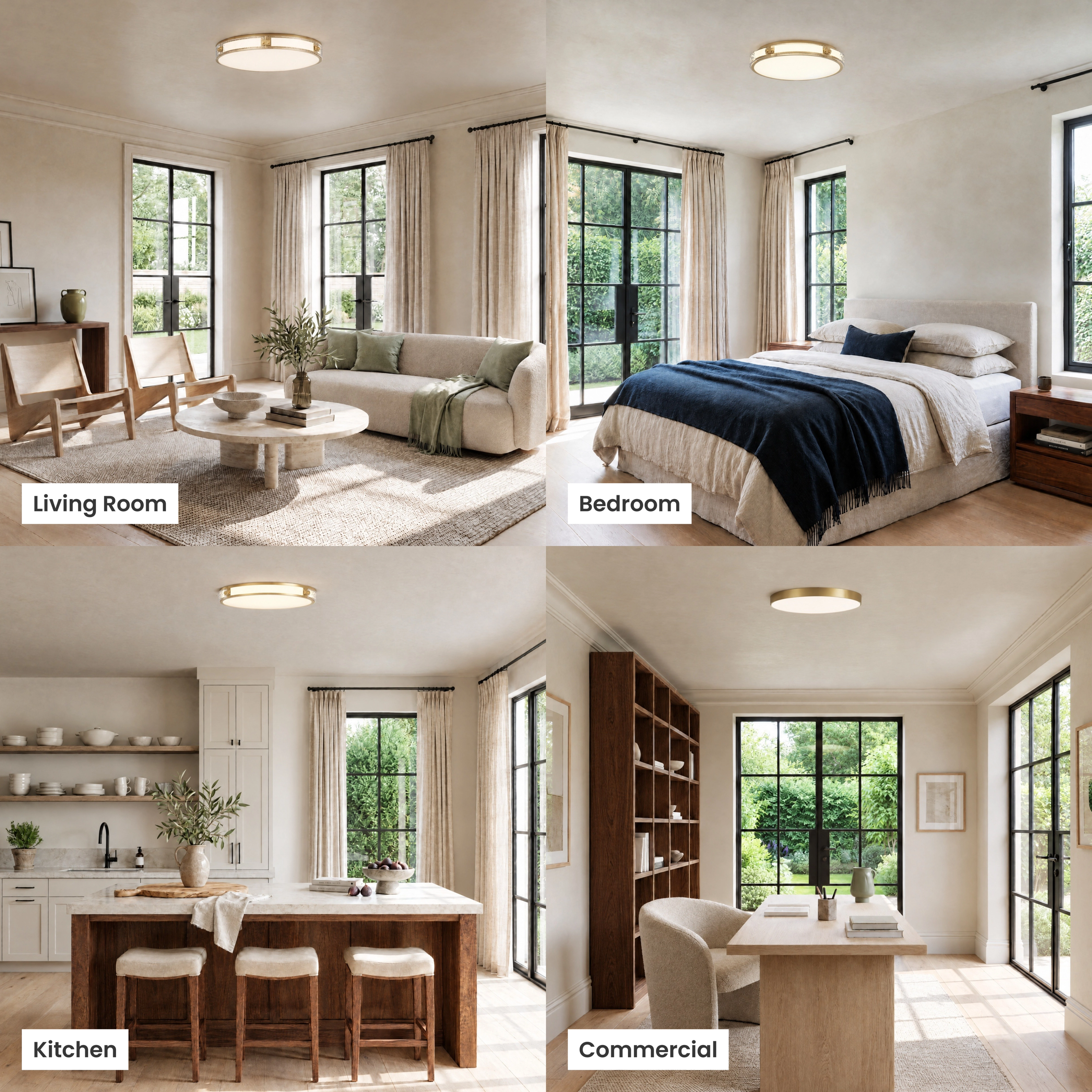 Orielle brushed-gold low-profile crystal flush-mount ceiling light in living, dining, bedroom and closet rooms