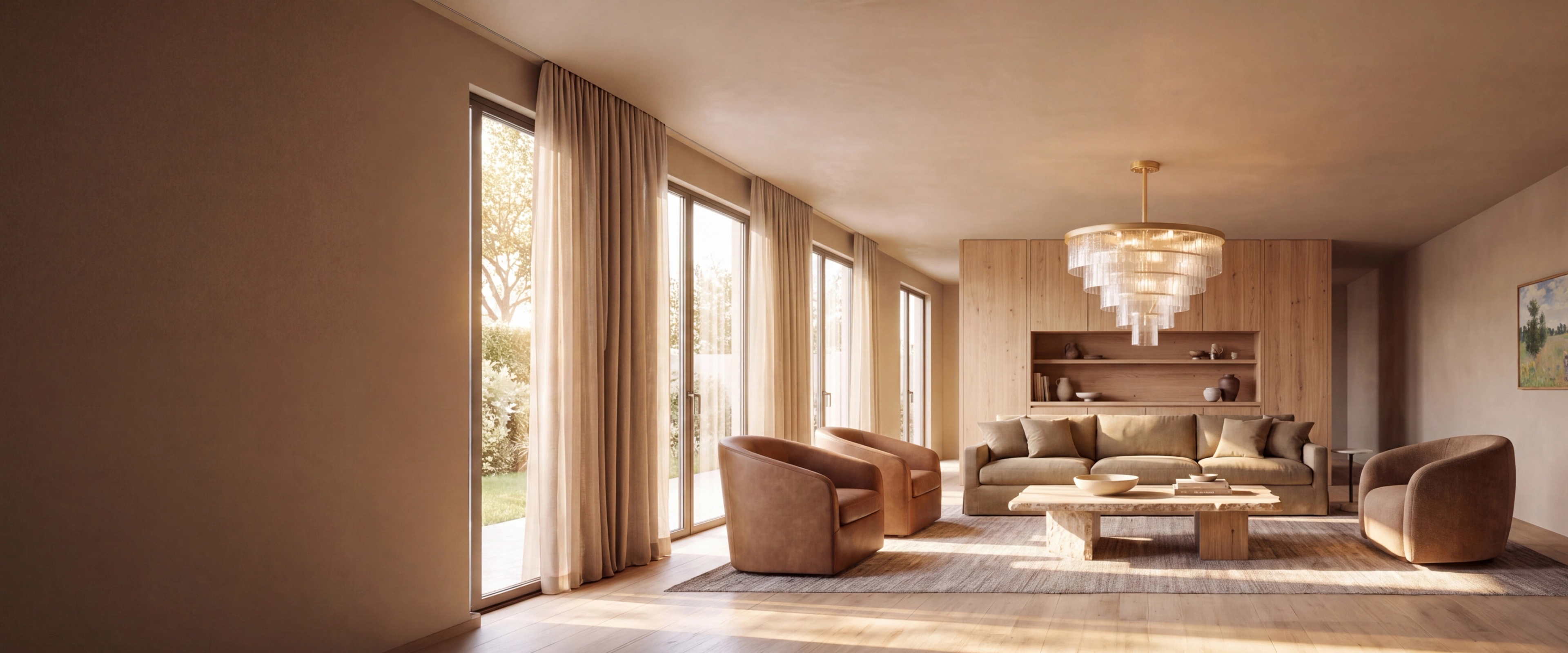MOD LIGHTING Cascade chandelier above a travertine coffee table in a sunlit oak-panelled living room