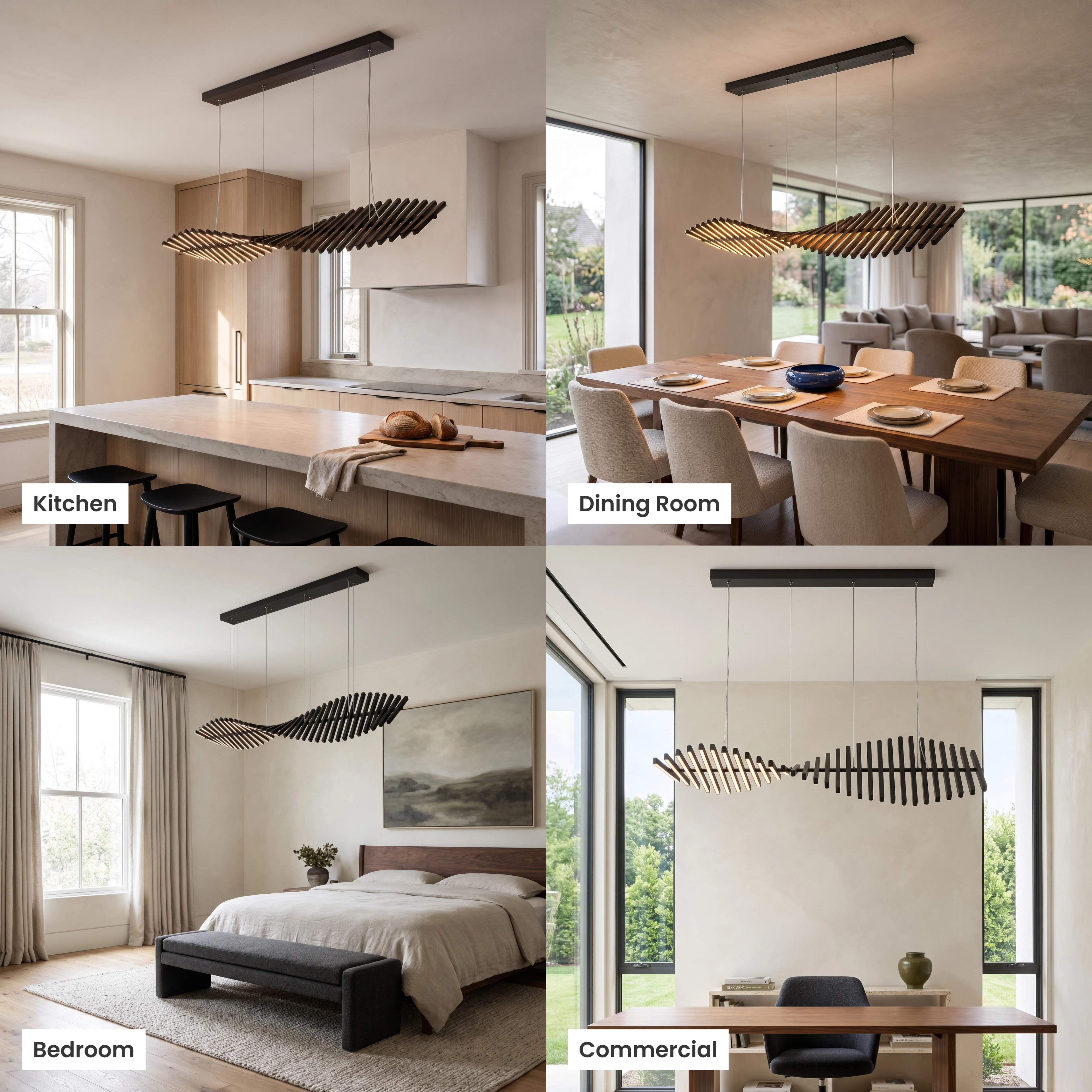 Sylas pendant, stacked tiers of black adjustable light bars angled into a wave over a living and dining area