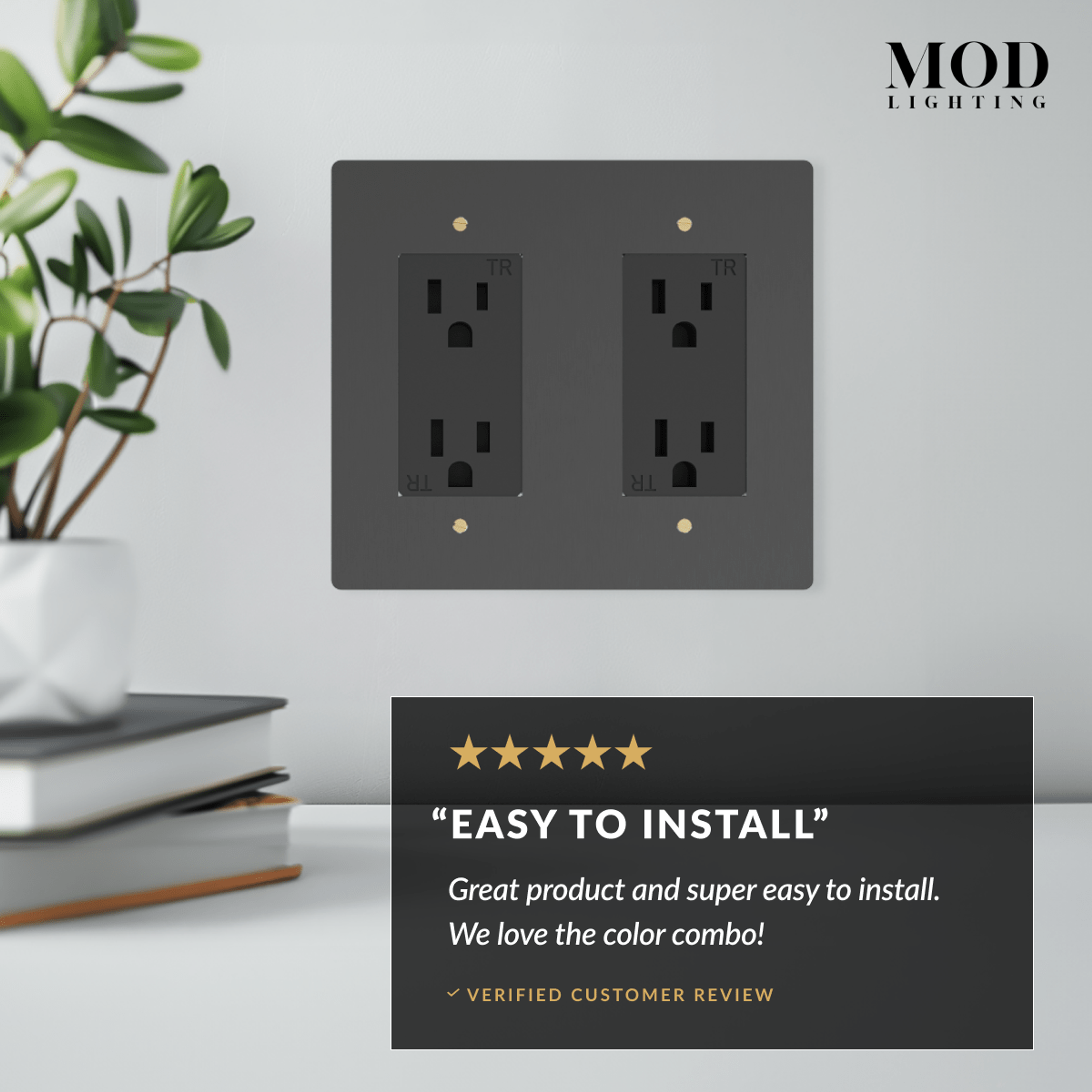 Modern Wall Outlet matte-black dual duplex plate beside a five-star review card