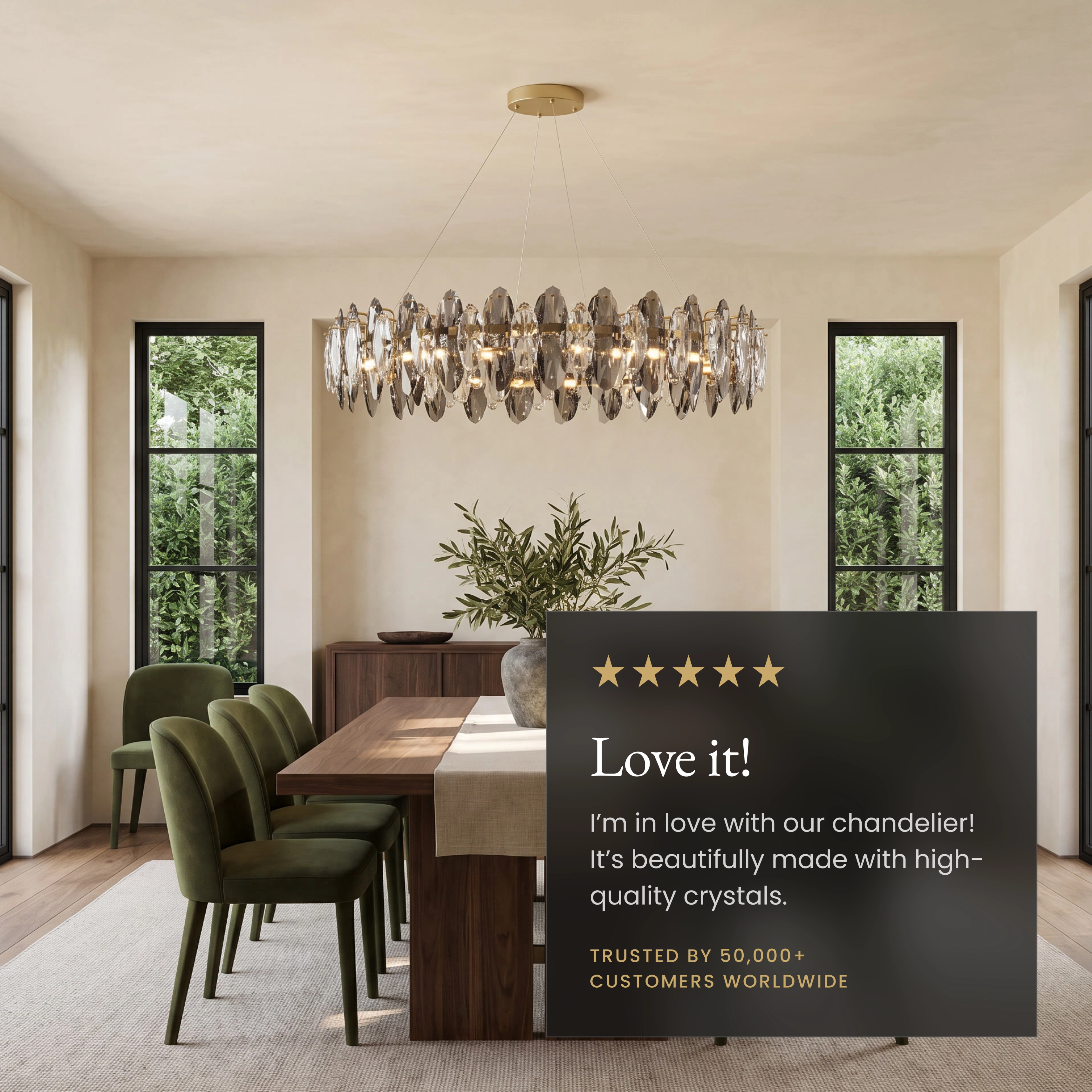 Celestial gold and smoke-crystal chandelier over a living-room sofa, labeling dimmer, LED and slant features