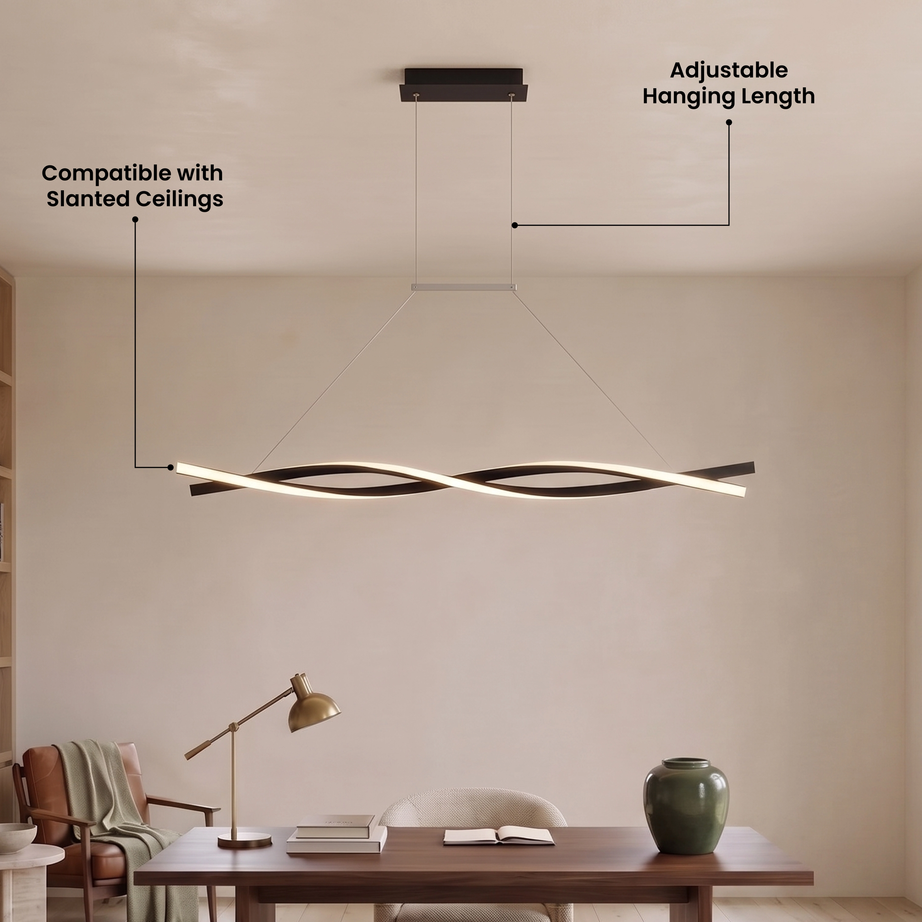 Wavey pendant, black wave-form light bar over a dining table in a room with tall arched windows