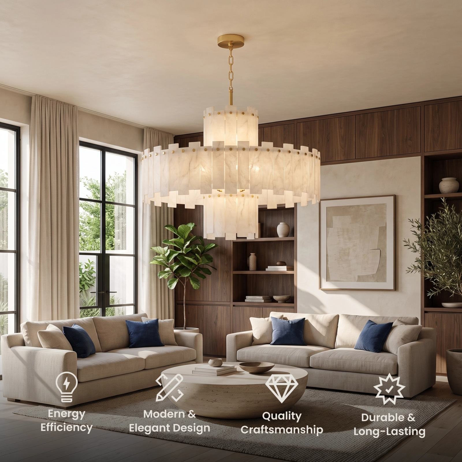 Velina alabaster chandelier, gold frame with two tiers of white alabaster panels, over a sofa