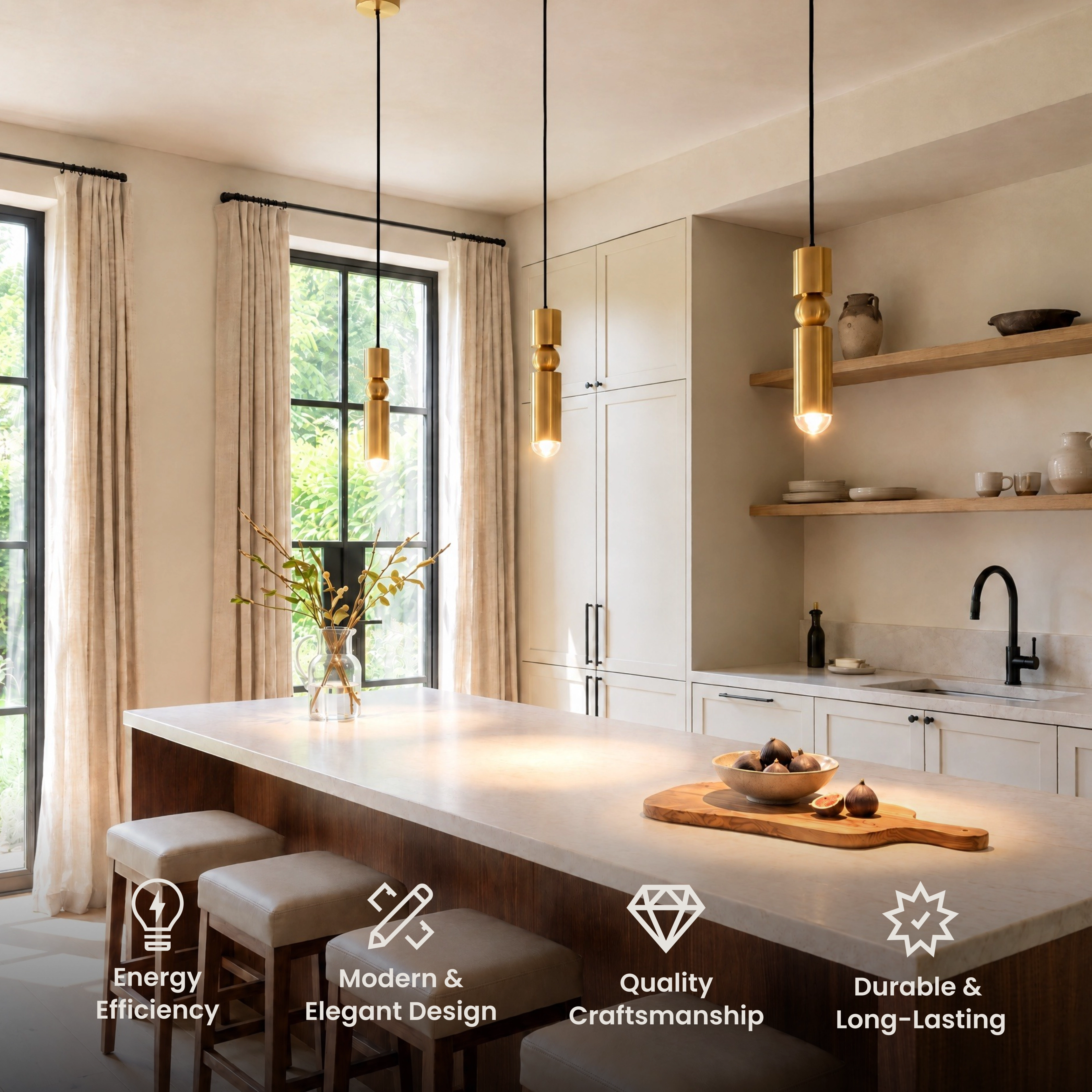 Jetta single gold cylindrical pendant light hanging in a softly lit room