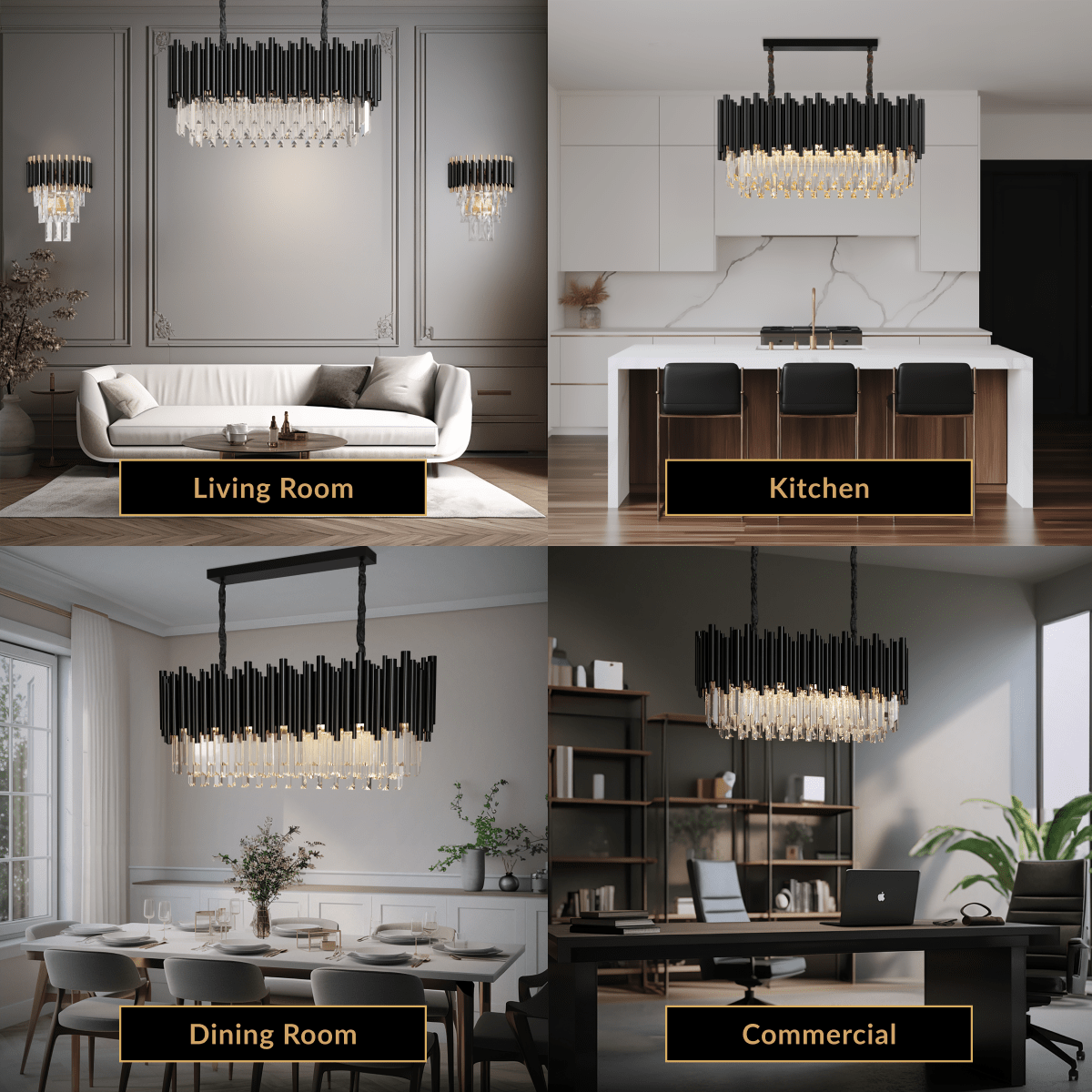 Obsidian Pendant black linear crystal chandelier shown in living room, kitchen, dining room and commercial settings