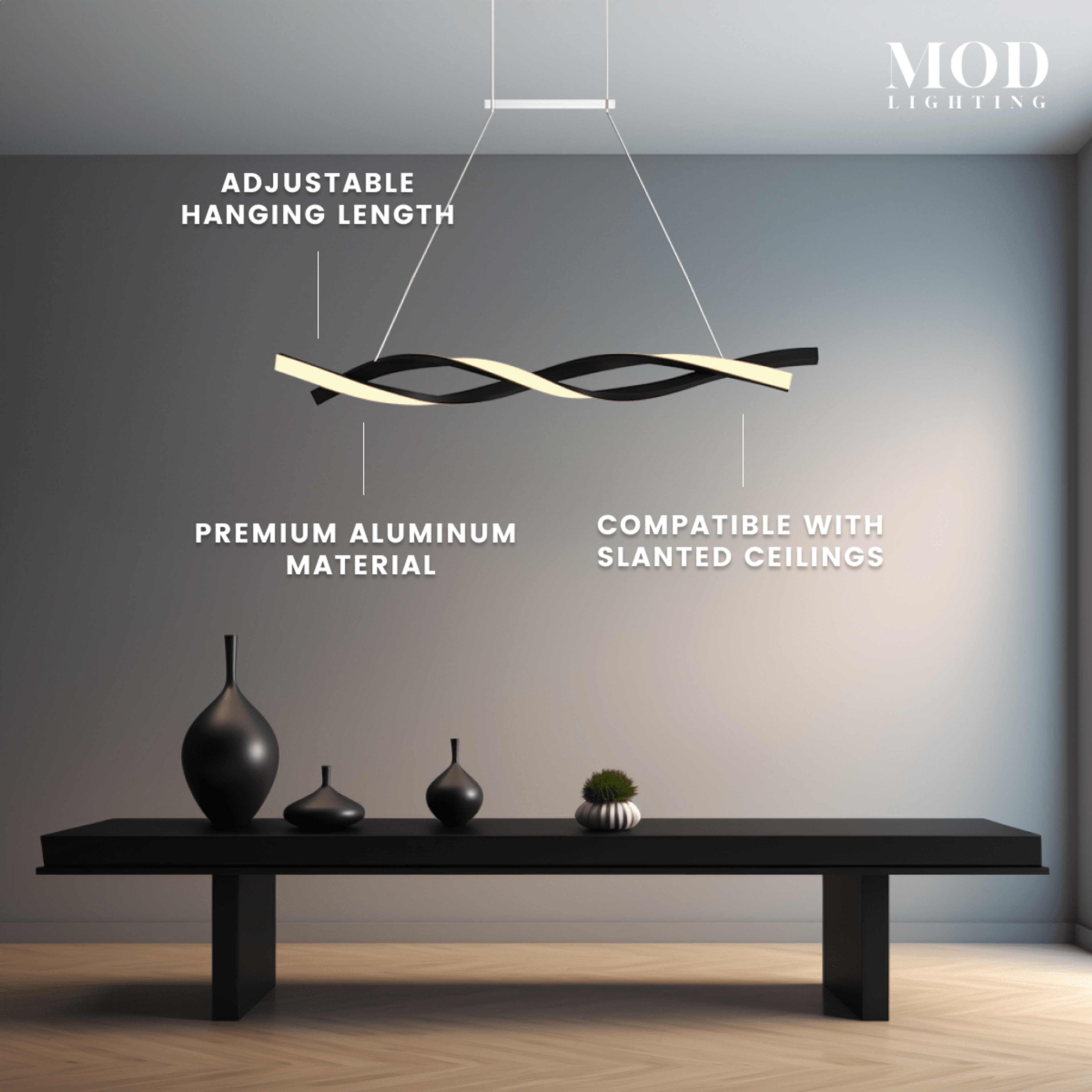 Wavey pendant, black aluminum wave-form bar lit warm, suspended above a console table