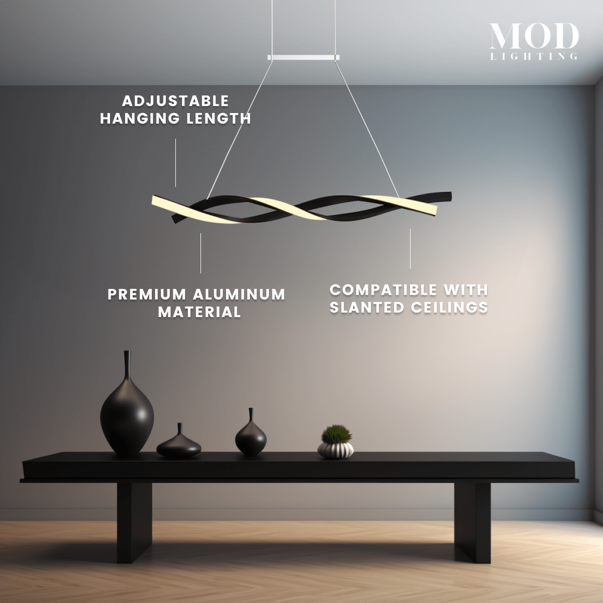 Wavey pendant, black aluminum wave-form bar lit warm, suspended above a console table