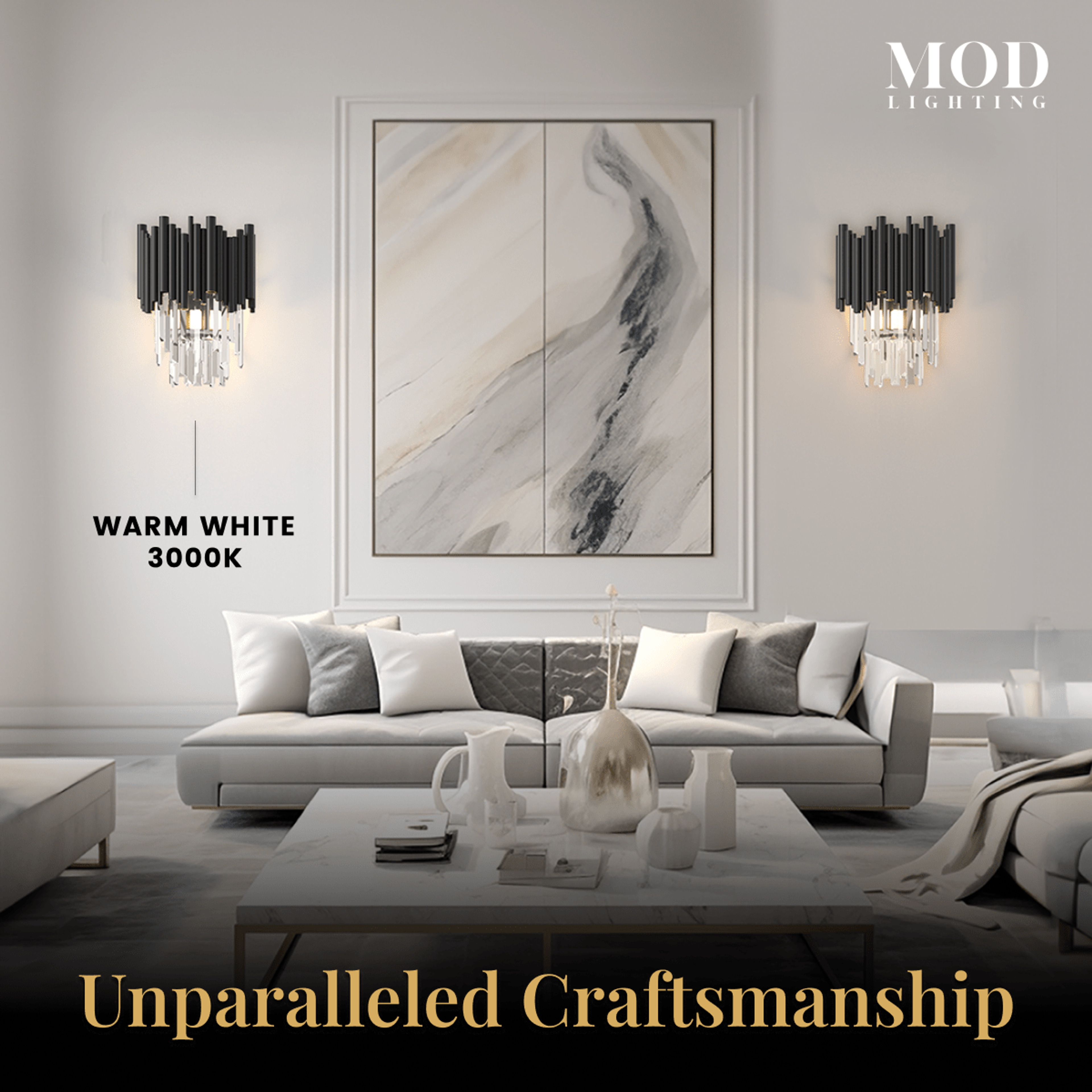 Two Obsidian crystal sconces flanking wall art above a sofa in a grey living room