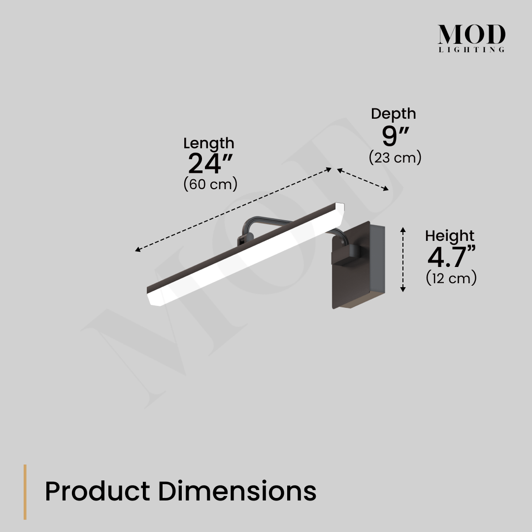 Zena bathroom vanity light dimension diagram: 24 in length, 9 in depth, 4.7 in height