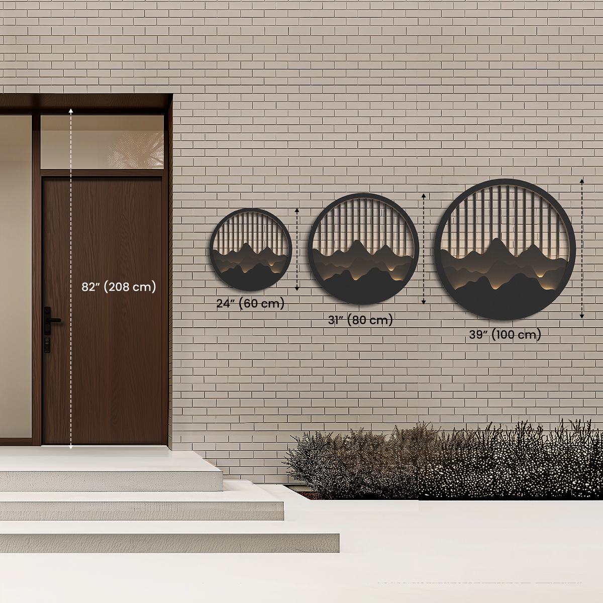 Valley round mountain wall light, three sizes: 24" (60cm), 31" (80cm), 39" (100cm) against 82" door for scale