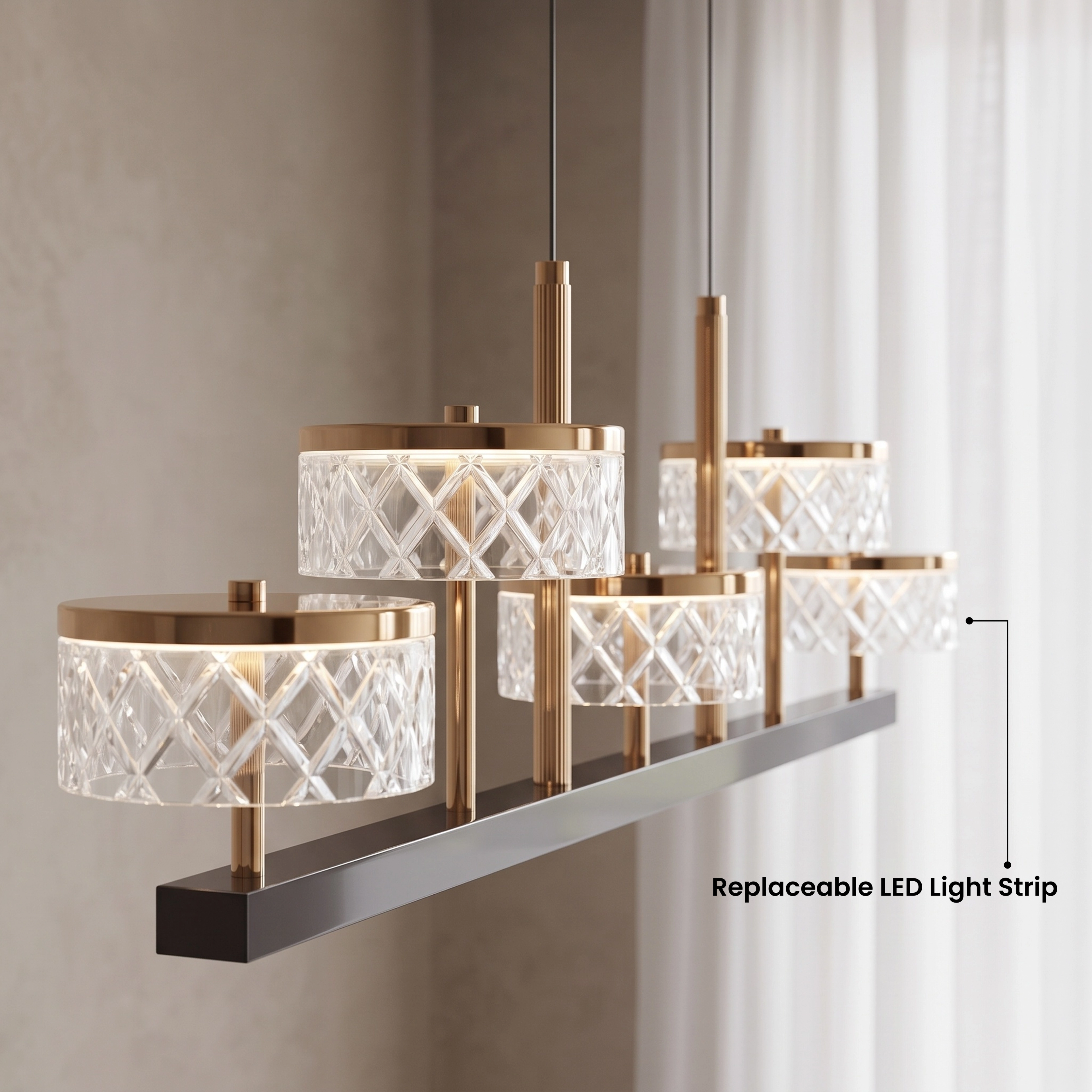 Emma linear pendant, five gold and pearl-black crystal drum shades in warm white 3000K over a living room sofa