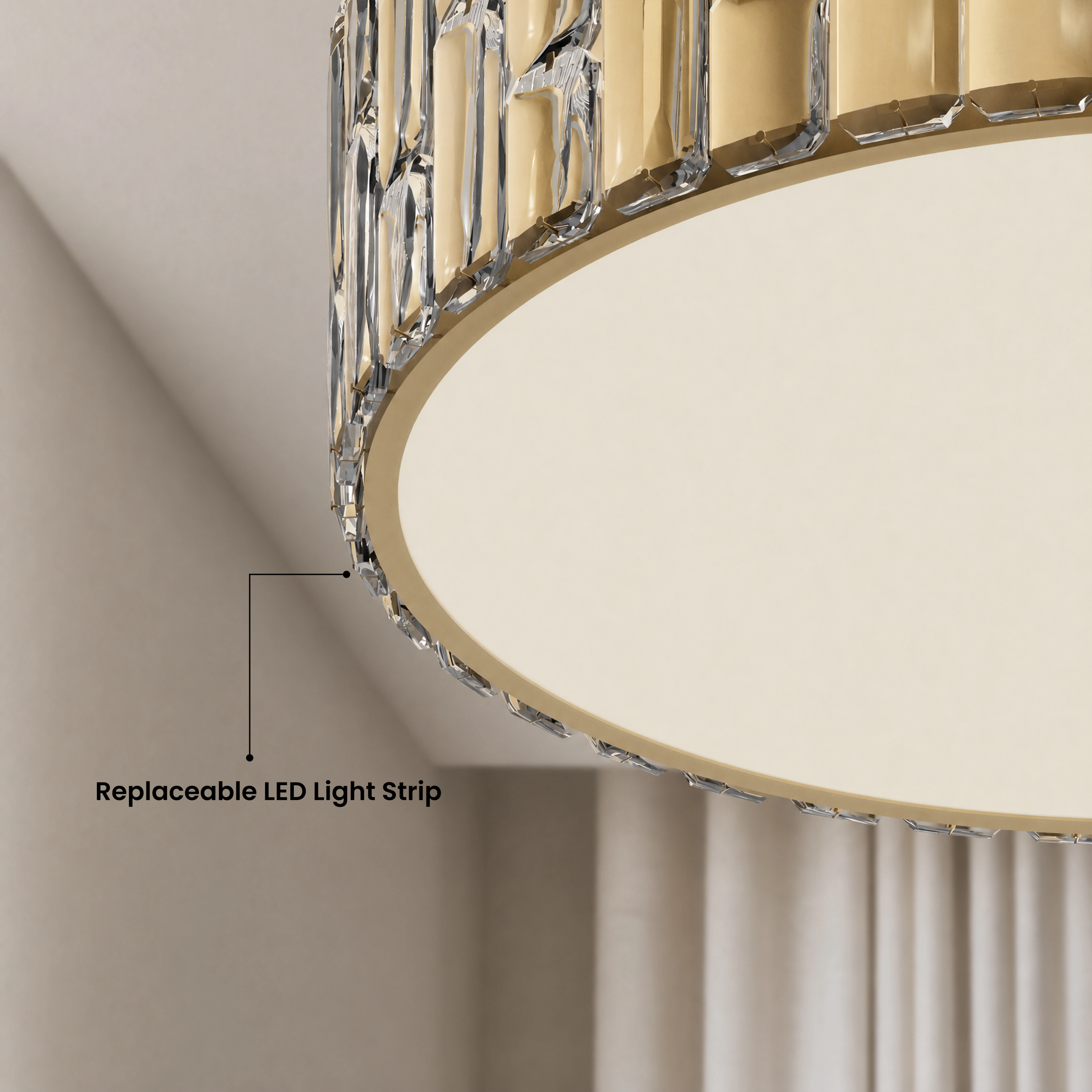 Elara Smart crystal drum ceiling light close-up, labeled replaceable LED light strip