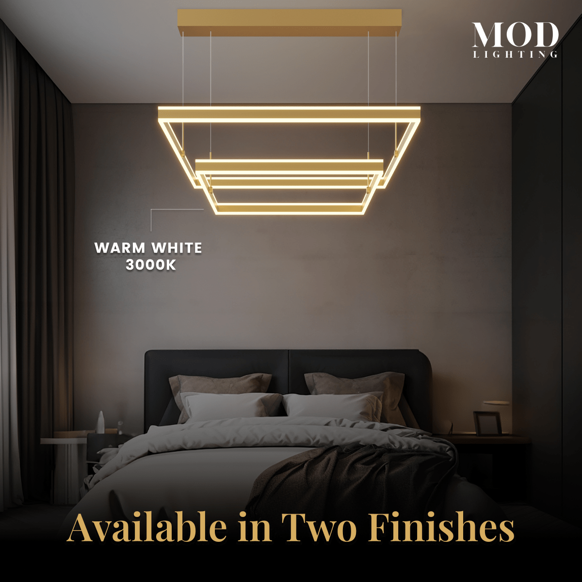 Arcade gold tiered square LED chandelier glowing warm white over a bed; available in two finishes