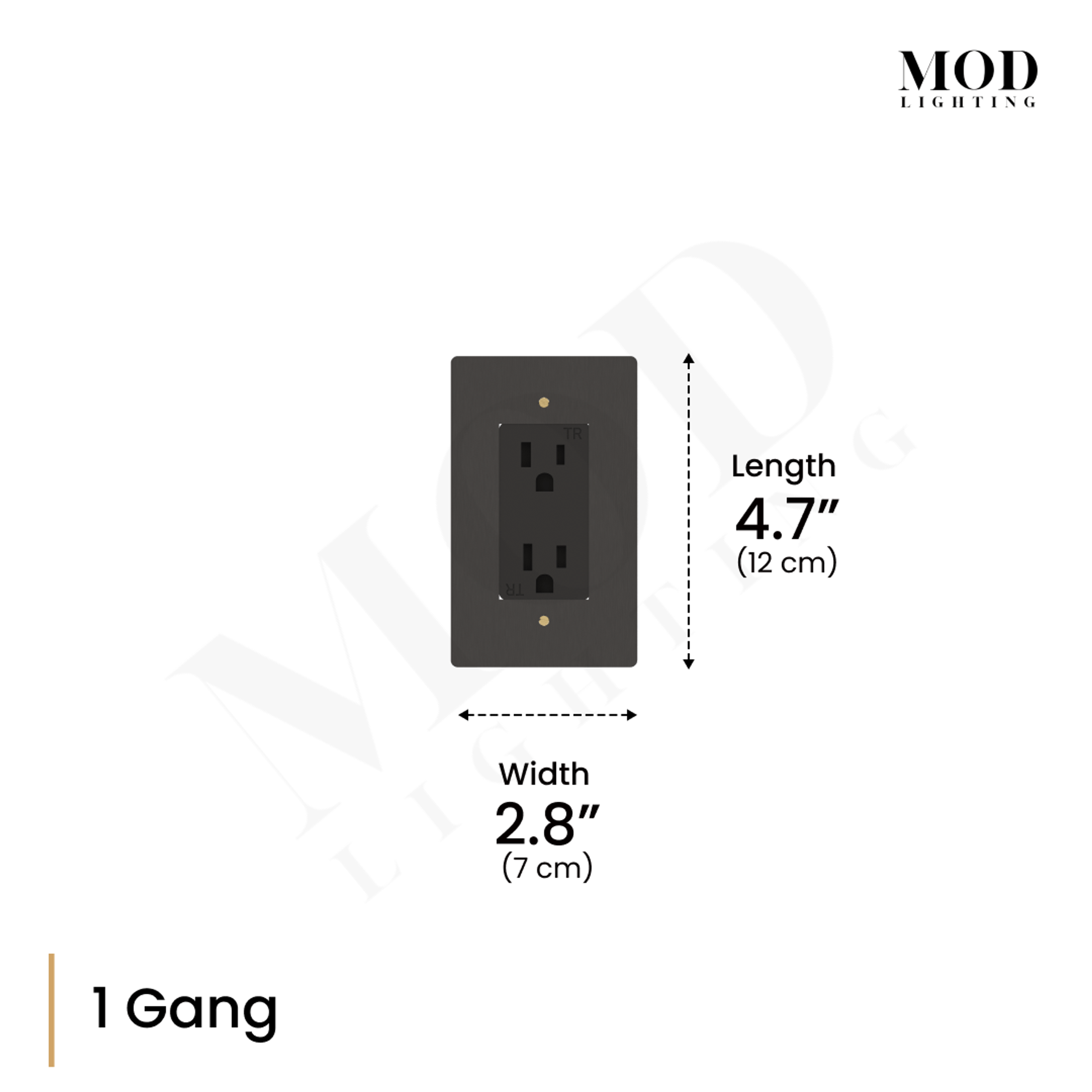 Modern Wall Outlet matte-black 1-gang dimension diagram, 4.7" length by 2.8" width